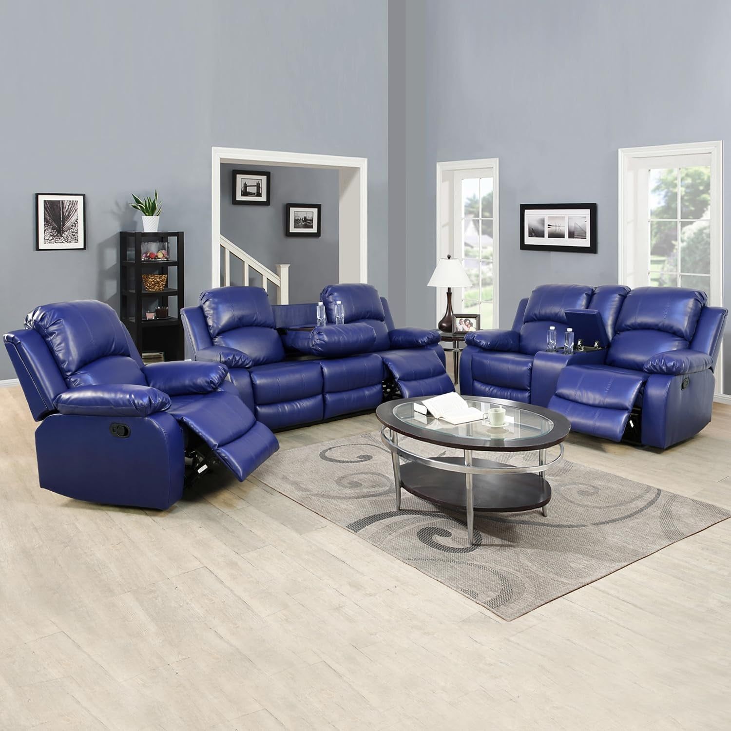 Leather Recliner Sofa Set，Leather Reclining Sofa Set for Living Room Furniture Sets，Dark Blue Recliner Couch Set for Living Room/Office/Theater Seating(Sofa Set 3 Pieces)