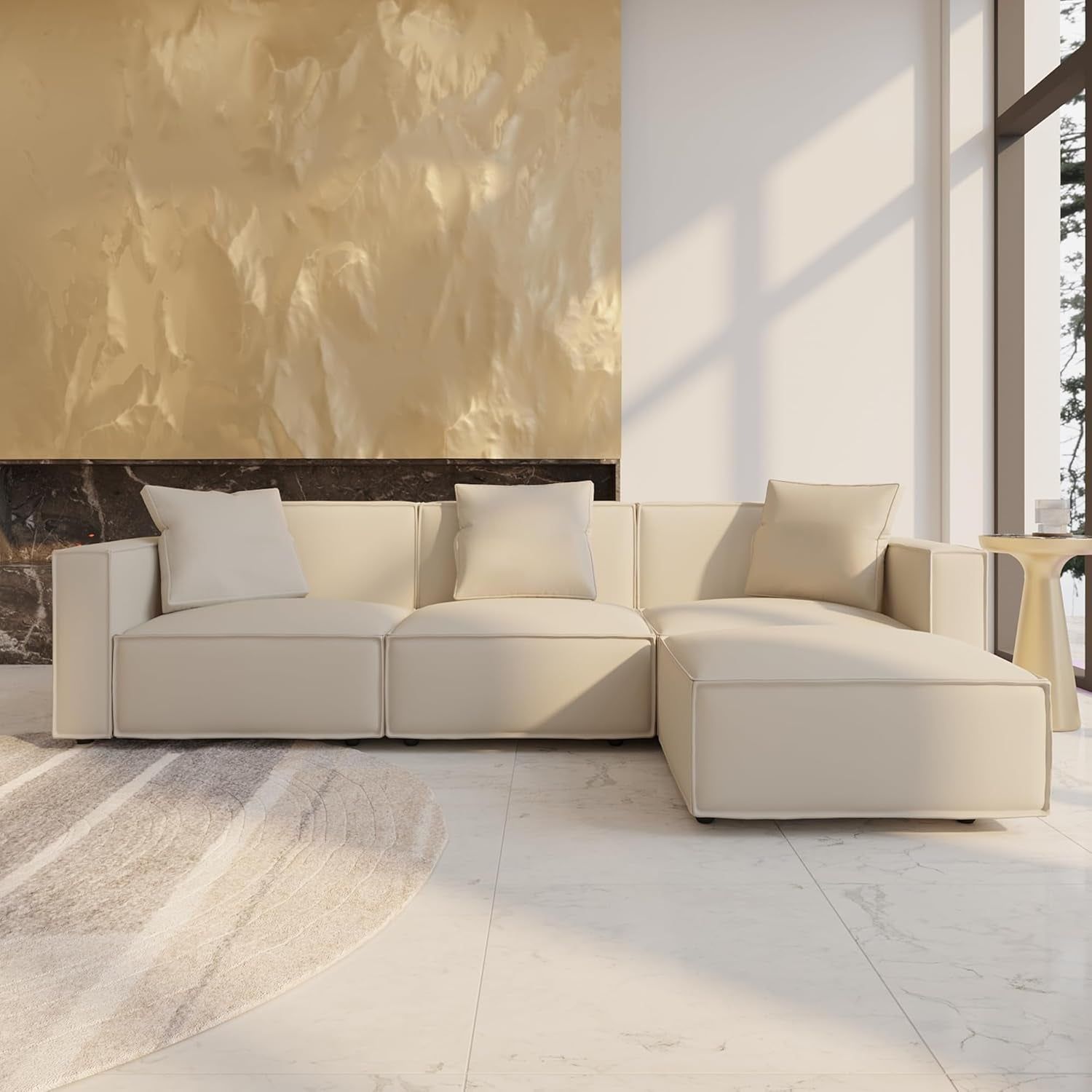Luxury Modular Sectional Living Room Sofa Set, Modern Minimalist Style Couch with Ottoman and Chaise, L-Shape, Cream
