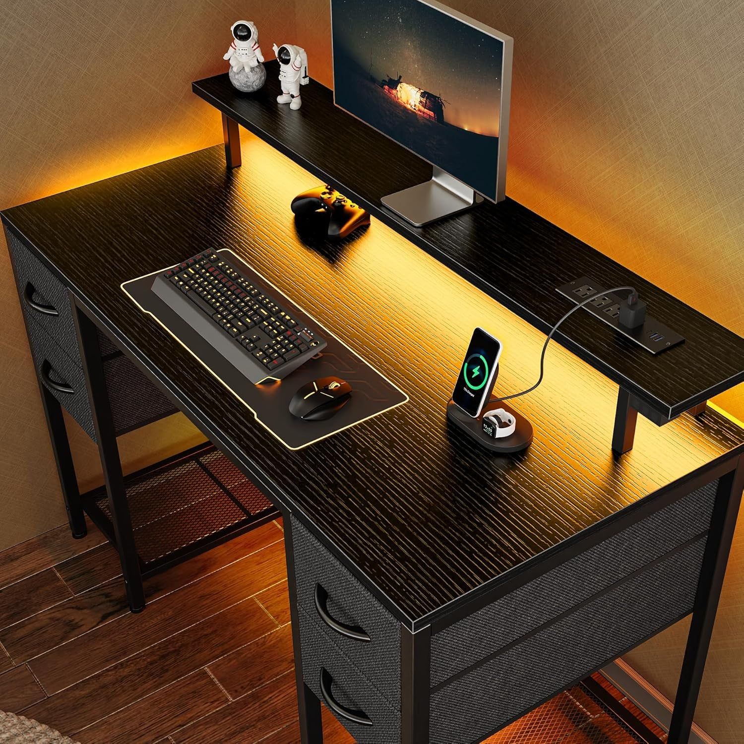 47 Inch Computer Desk with 4 Drawers, Gaming Desk with LED Lights &amp; Power Outlets, Home Office Desk with Large Storage Space for Bedroom, Work from Home, Black