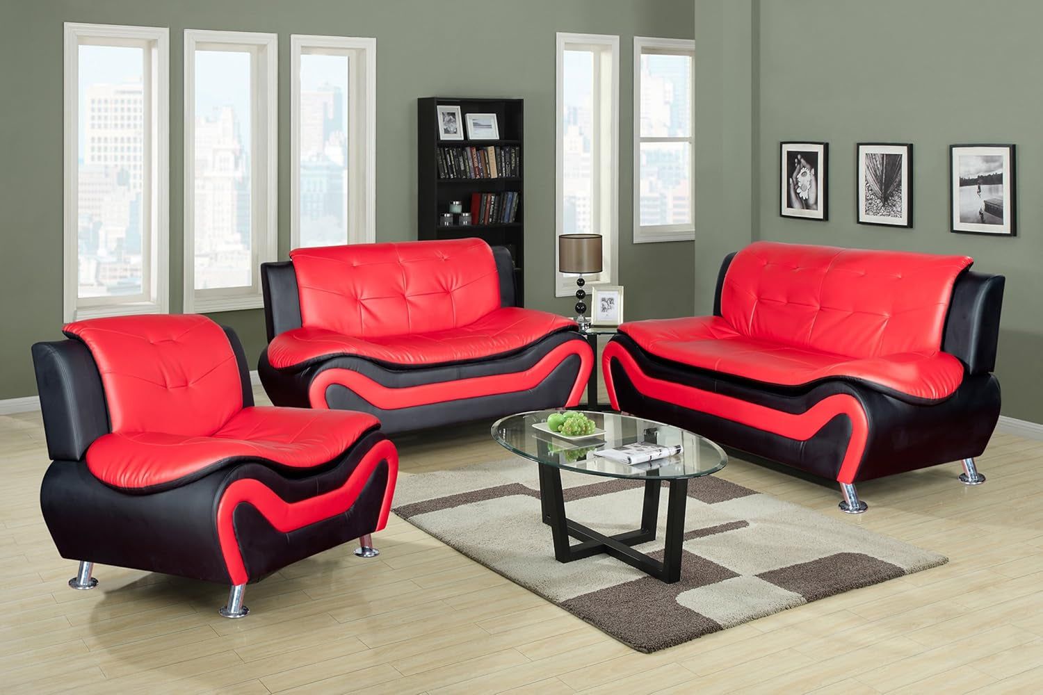 Aldo ((3 Piece) Modern Sofa Set, Black/Red