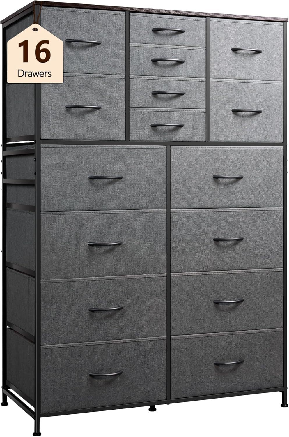 16 Drawers Dresser, Tall Dresser for Bedroom, Closet, Hallway, Storage Dresser Organizer Unit, Large Dressers &amp; Chests of Drawers with Fabric Bins, Dark Grey
