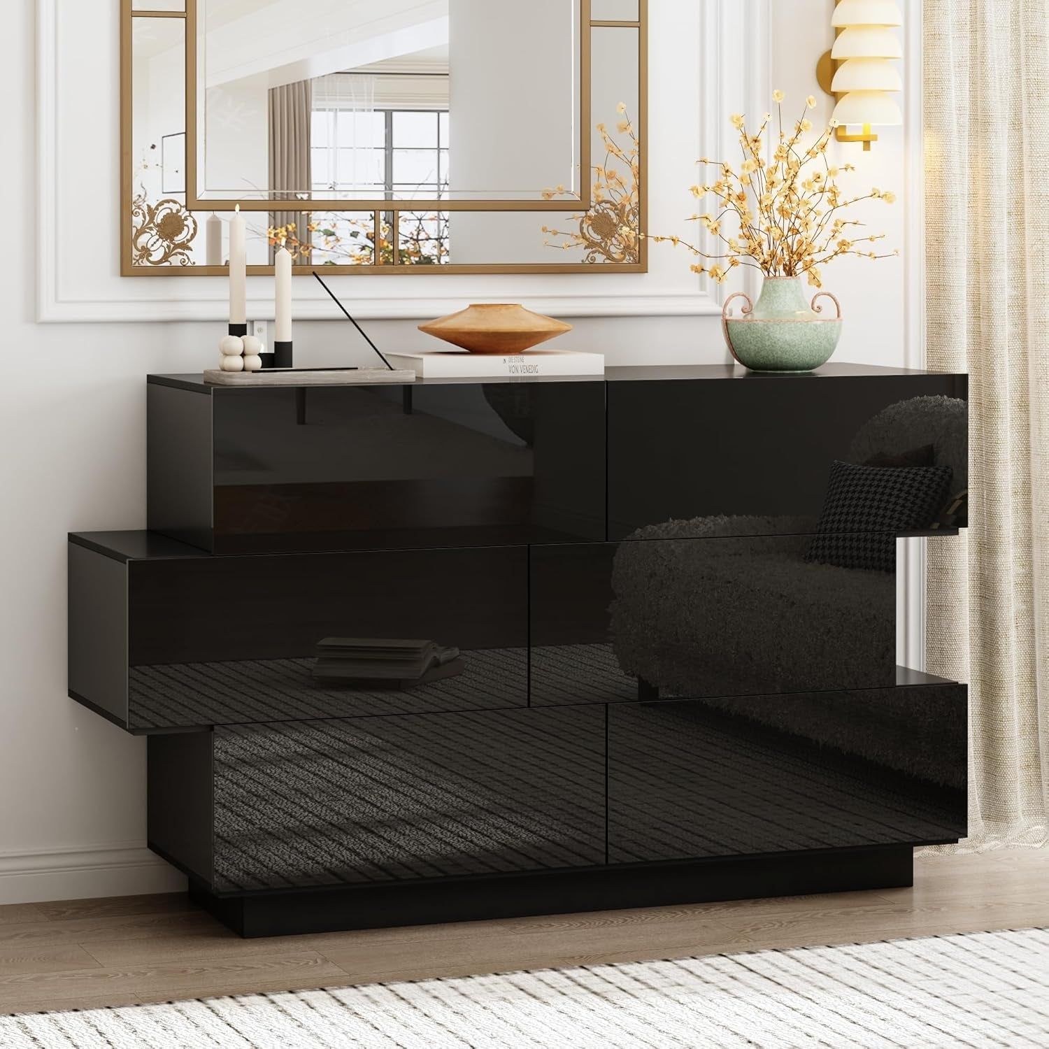 Balck Drawer Dresser for Bedroom, Modern High Gloss Dresser with 6 Drawers, Double Dresser Storage Chest of Drawer with Asymmetrical Design for Bedroom, Living Room, Entryway