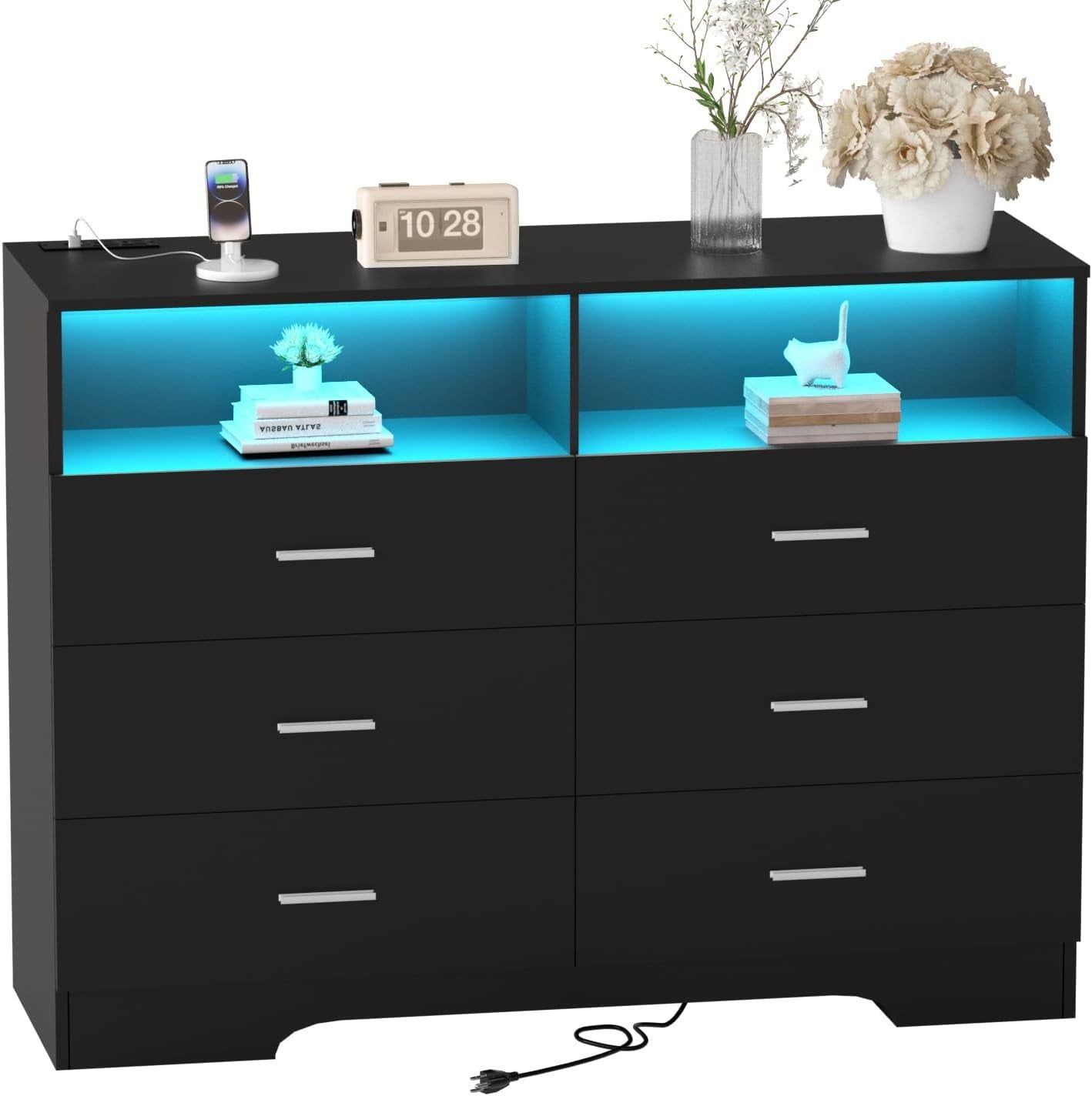 Dresser with Power Outlets and LED Lights Wooden 6 Drawer Dresser with Large Organizer Tall Black Dresser for Bedroom Chest of Drawers Closet Modern Dresser for Living Room Kids Room