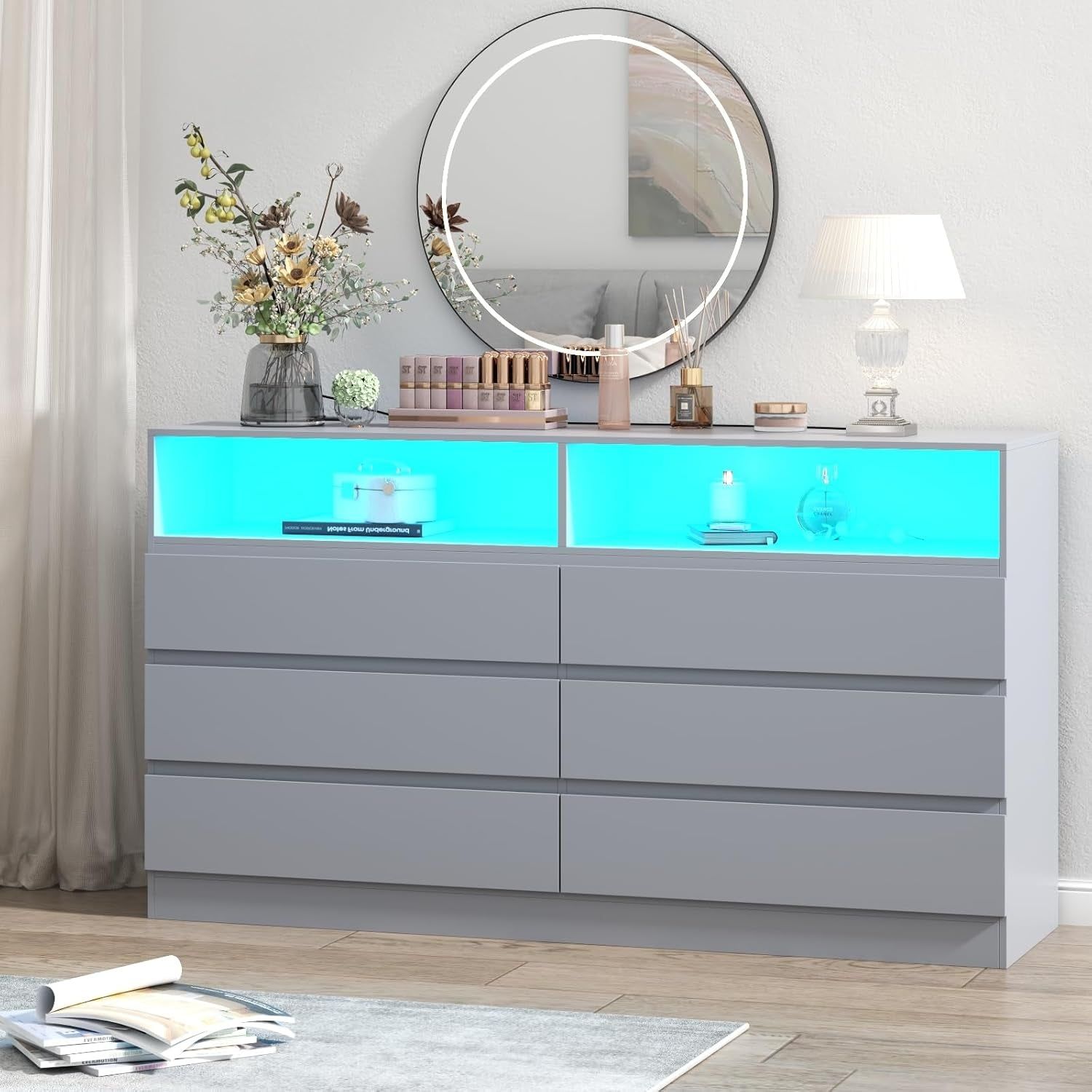 6-Drawer LED Dresser, Charging Station, Bedroom/Living Room