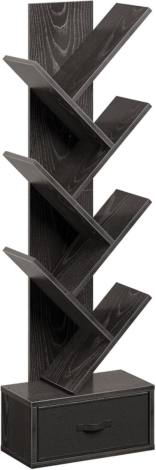 Bookshelf with Drawer, 7 Shelf Tree Bookshelf, Wooden Bookshelves Storage Rack for Cds/Movies/Books, Black Bookcase, Utility Organizer Shelves for Living Room, Bedroom