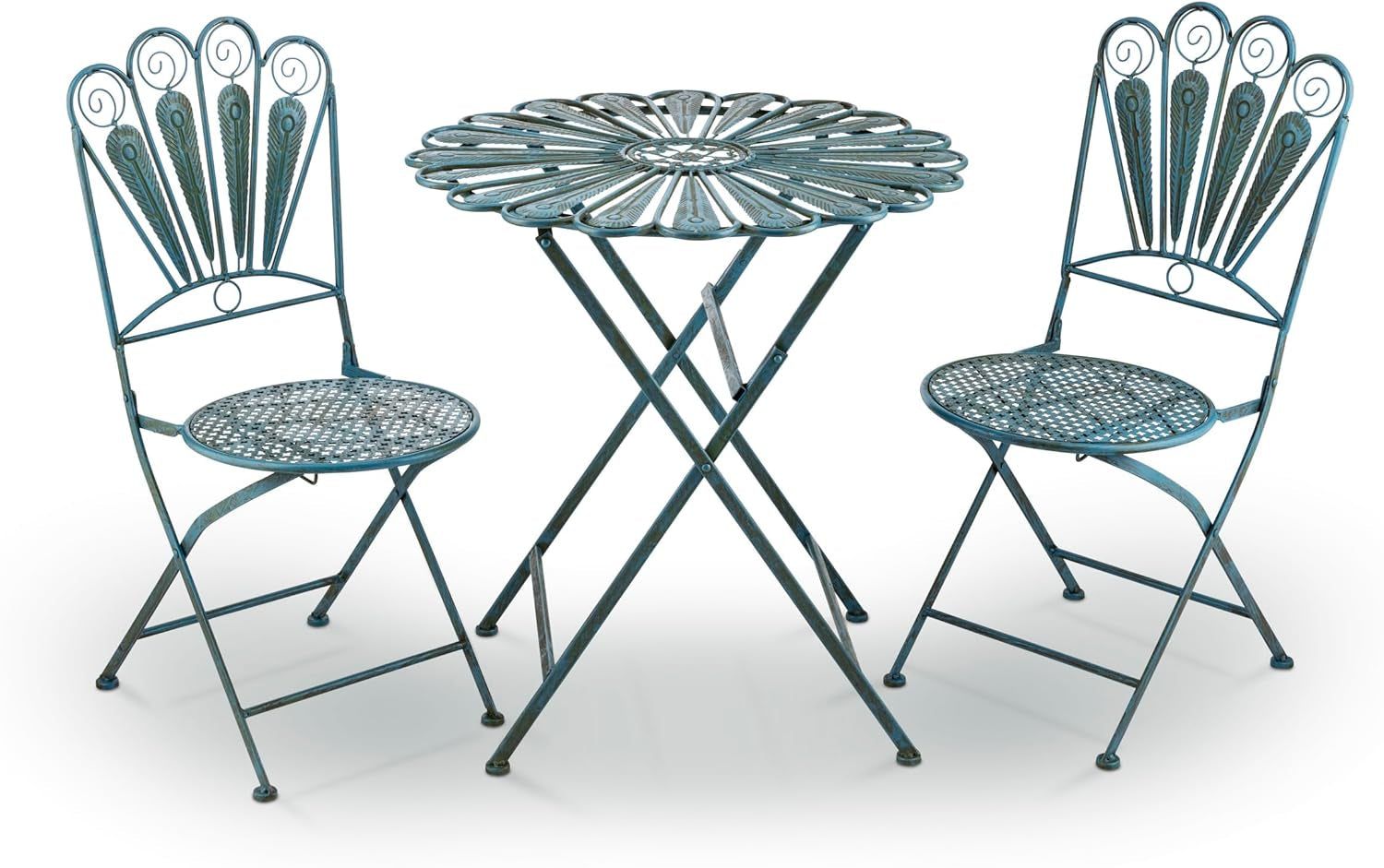 Indoor/Outdoor 3-Piece Peacock Feather Rustic Metal Bistro Set Patio Seating, Light Blue