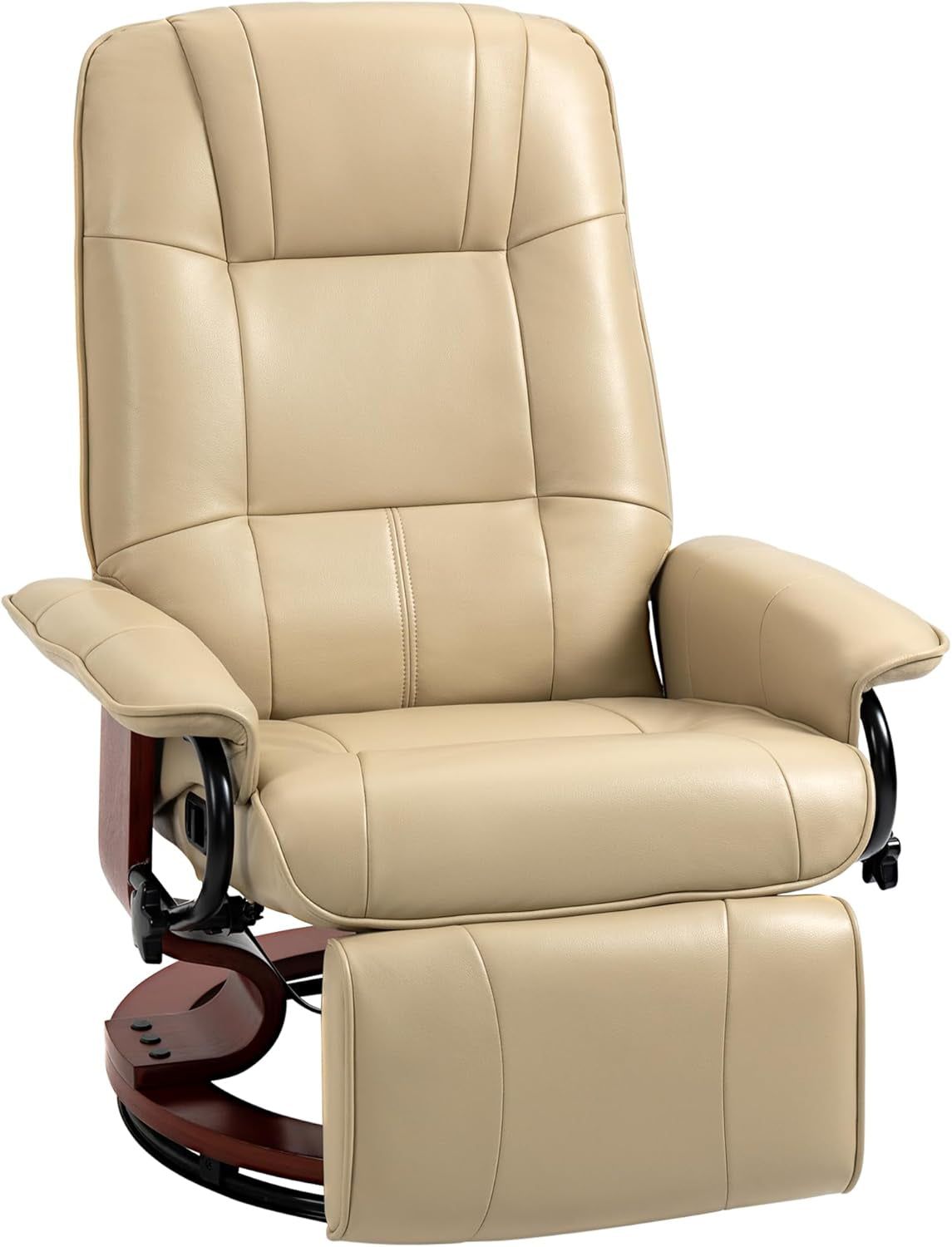 Faux Leather Manual Recliner, Adjustable Swivel Lounge Chair with Footrest, Armrest and Wrapped Wood Base for Living Room, Cream White