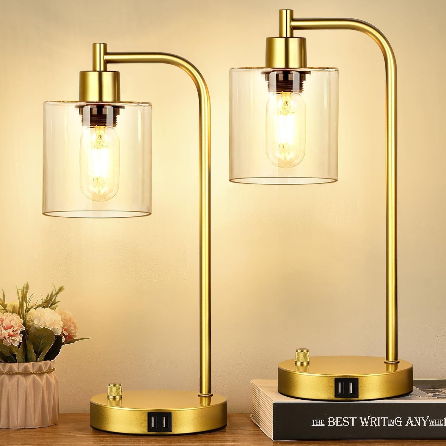 Set of 2 Industrial Table Lamps with 2 USB Port, Gold Fully Stepless Dimmable Bedside Lamps for Bedrooms, Nightstand Desk Lamps with Clear Glass Shade for Reading Living Room Office 2 LED Bulb