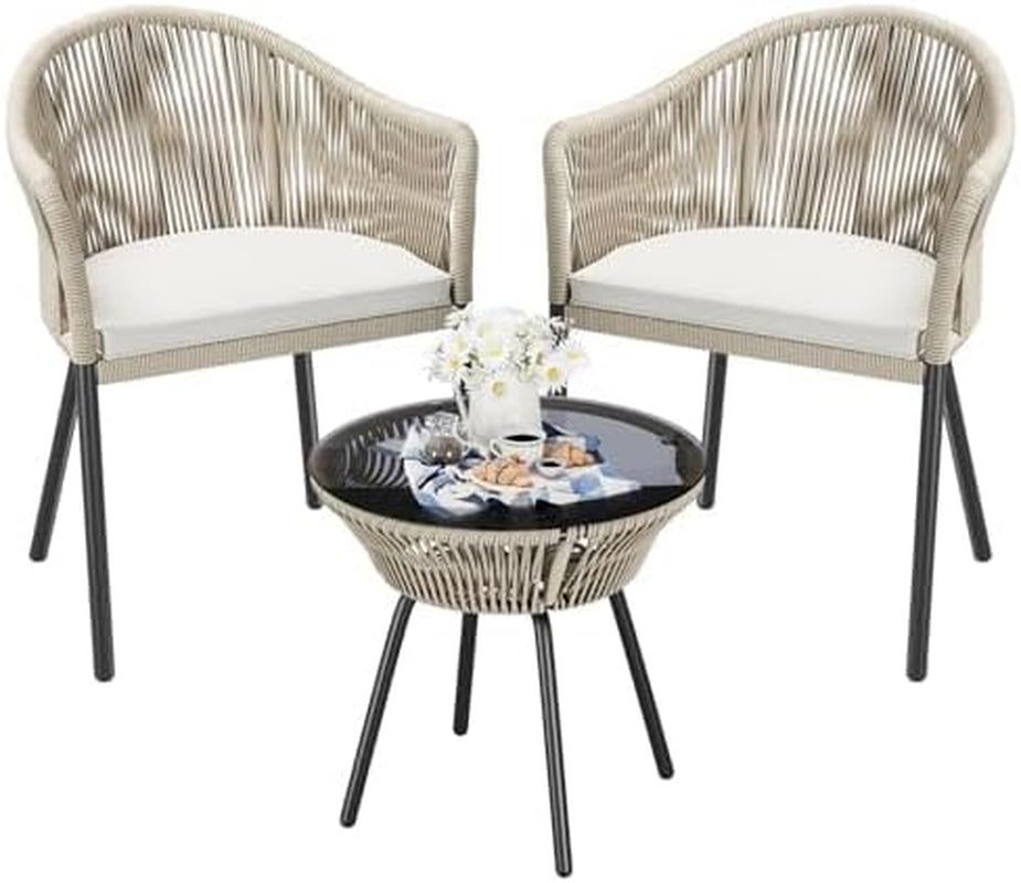 3 Piece Patio Set Outdoor Wicker Patio Chairs with Coffee Table &amp; Cushions Bistro Conversation Set Porch Furniture for Patio, Balcony, Deck, Backyard