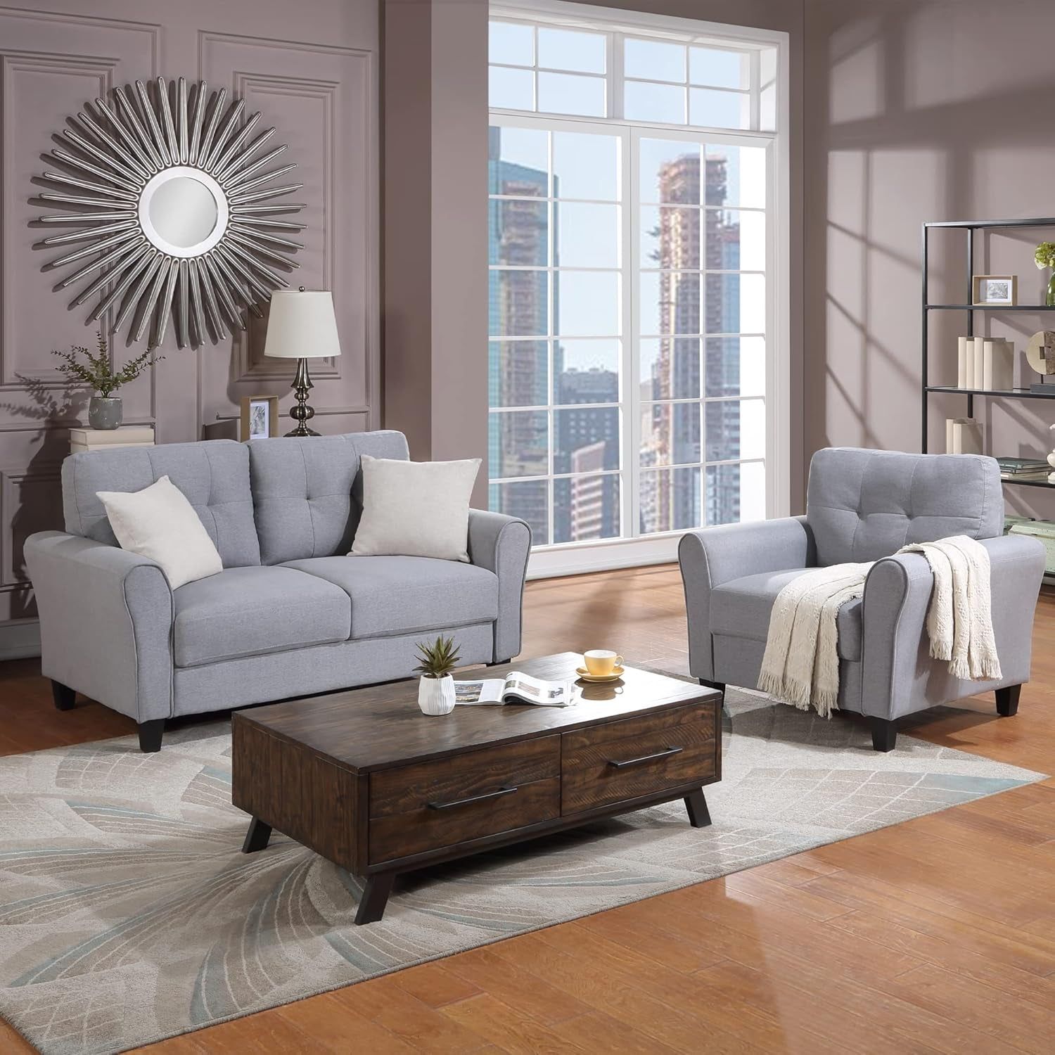 2-Piece Living Room Sectional Sofa Set, Modern Style Button Tufted Linen Upholstered Armchair and Loveseat Sofa Sectional Couch Set, Light Grey-Blue
