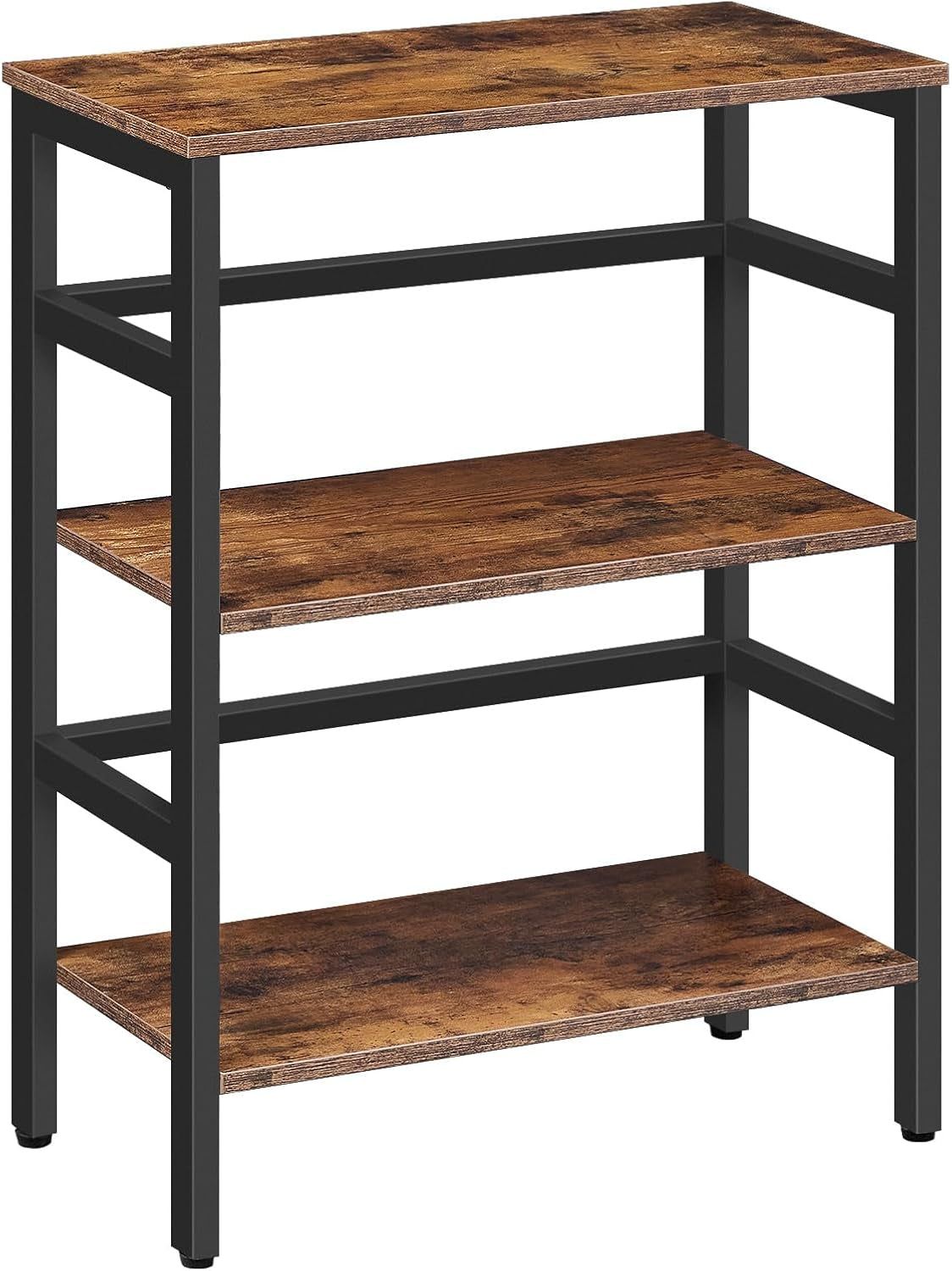 3 Tier Bookshelf, 23.6&quot;L Industrial Bookcase, Record Storage Rack with Side Fence, Wood Storage Shelf with Metal Frame, Rustic Open Display Shelf for Living Room, Bedroom, Rustic Brown BF86CJ01