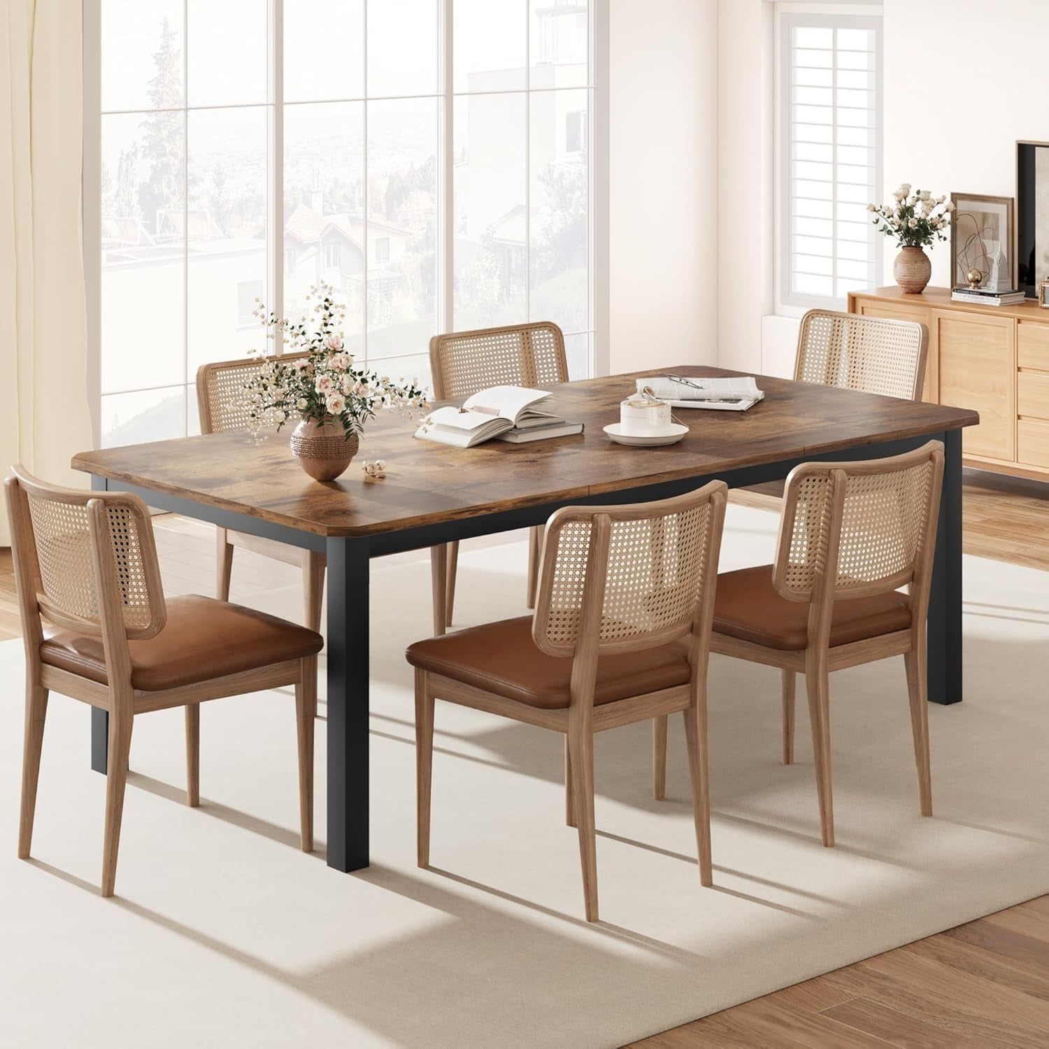 Industrial Dining Table for 6~8 People,78.7&quot; Long Kitchen Table, Wood Dining Table, Kitchen &amp; Dining Room Table,Rectangle Dining Room Table for 6 Perfect for Dinner or Meeting-Brown(Table Only)
