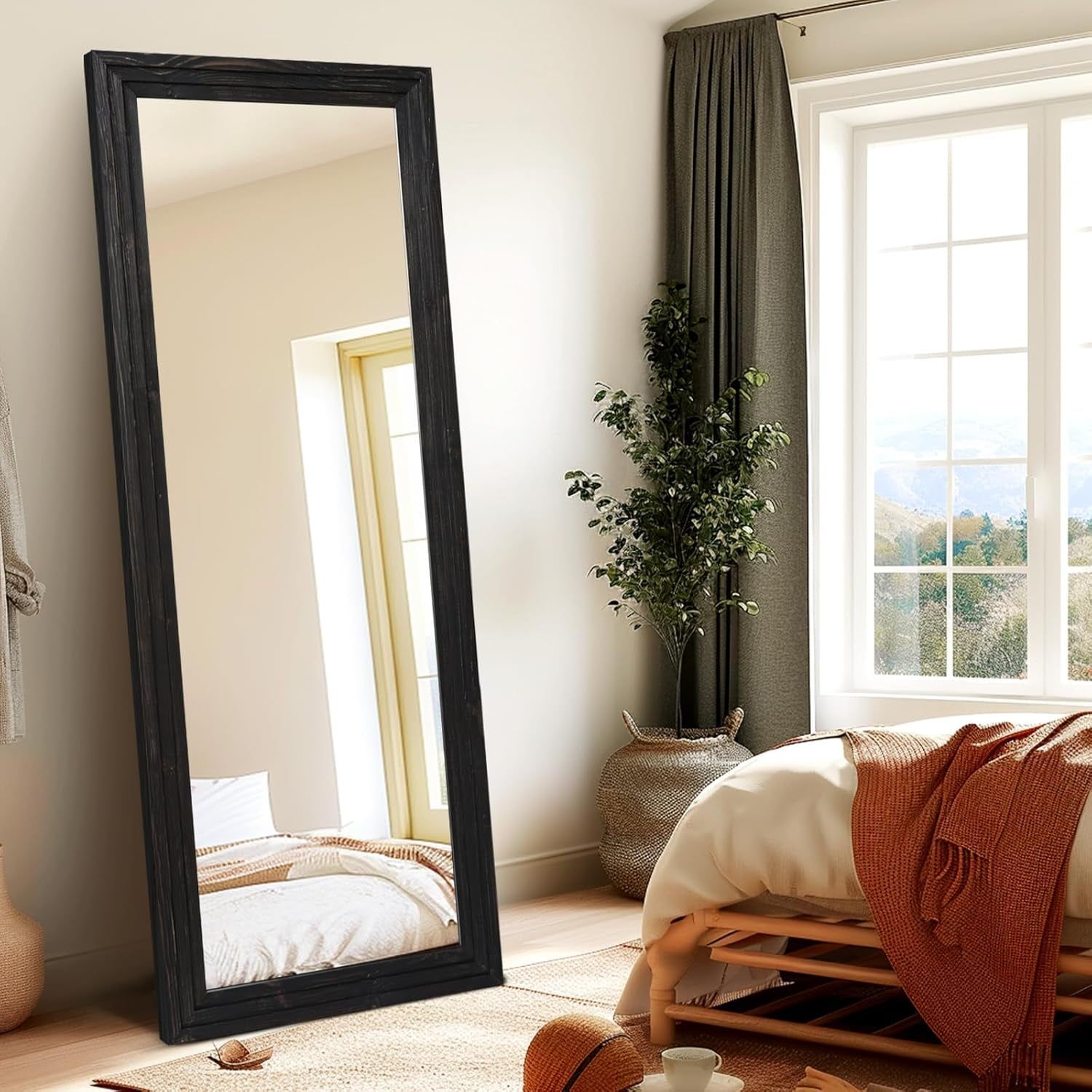 Full Length Mirror 65&quot;X24&quot; Solid Wood Frame Floor Large Mirror for Living Room, Bedroom Hanging or Leaning Wall-Mounted, Black
