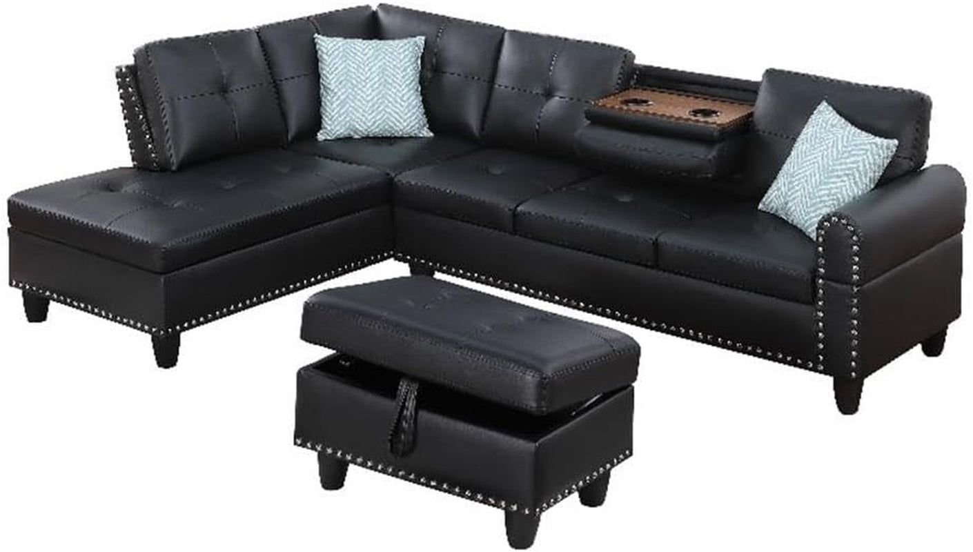 Transitional PU Faux Leather Sectional Sofa with Lift-Top Storage Ottoman, for Living Room in Black Finish