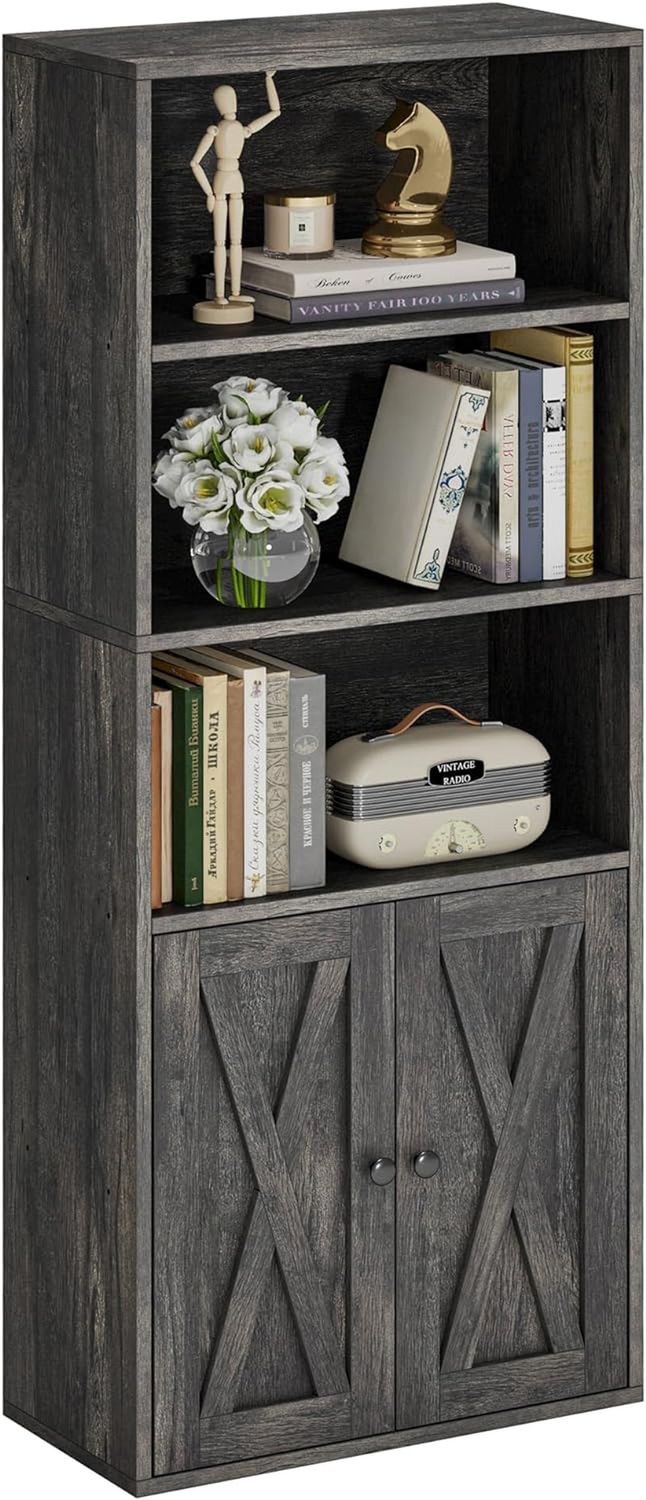 Industrial Bookshelves and Bookcases with Doors 11.8 in Depth Floor Standing 5 Shelf Display Storage Shelves Bookcase Home Decor Furniture for Home, Office, Living Room, Bedroom