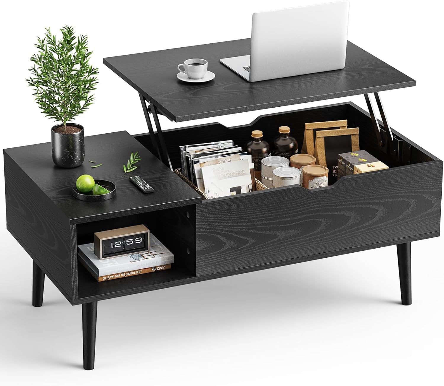 Wood Lift Top Coffee Table with Hidden Compartment and Large Storage Shelf, Lift Tabletop Dining Center Table for Home Living Room Office, Black