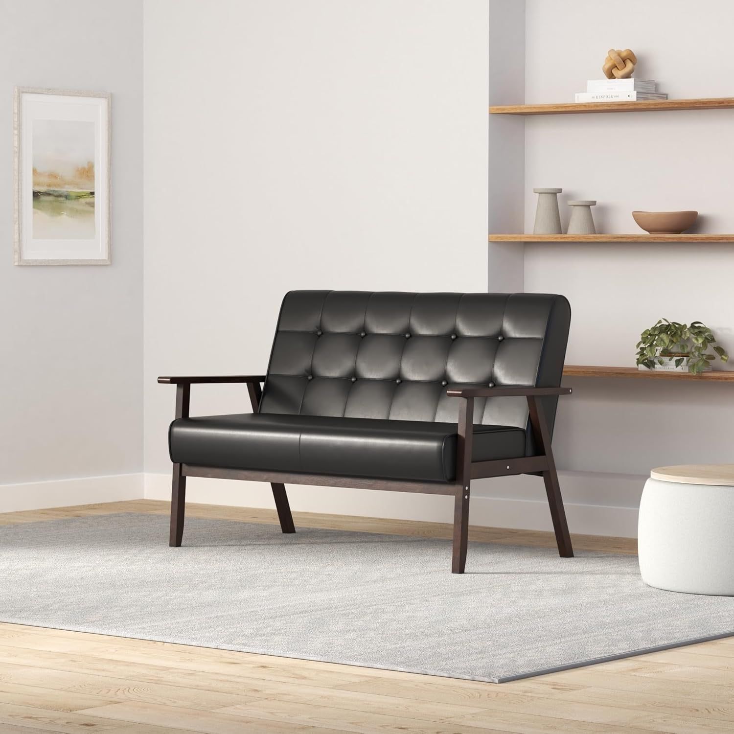 Mid-Century Modern Solid Loveseat Sofa Upholstered Faux Leather Couch 2-Seat Wood Armchair Living Room/Outdoor Lounge Chair, Waiting Room Sofa, 50”W