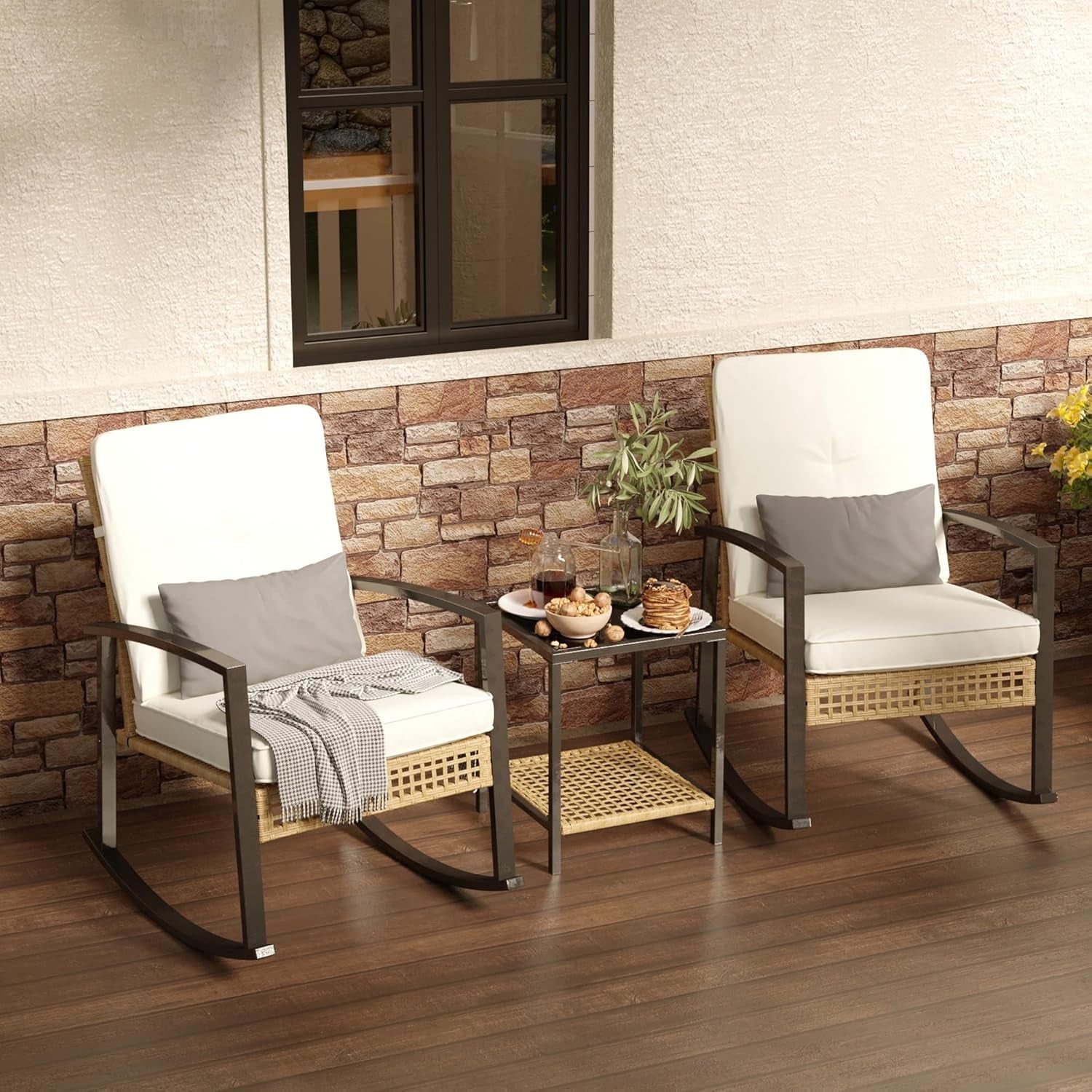 3 Piece Patio Rocking Chairs Set of 2, Outdoor Rocking Chair Bistro Set with Tempered Glass Coffee Table and Thick Lumbar Pillow Set, Front Porch Chairs for Garden, Backyard, Poolside (Beige)
