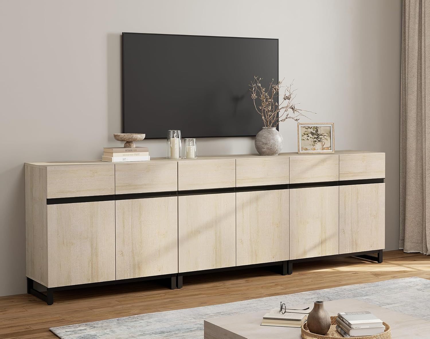 Modern TV Stand for Tvs up to 110 Inch, 3 in 1 Wood Entertainment Center TV Console Table with Adjustable Shelves and Metal Base for Living Room,Bedroom,Light Oak