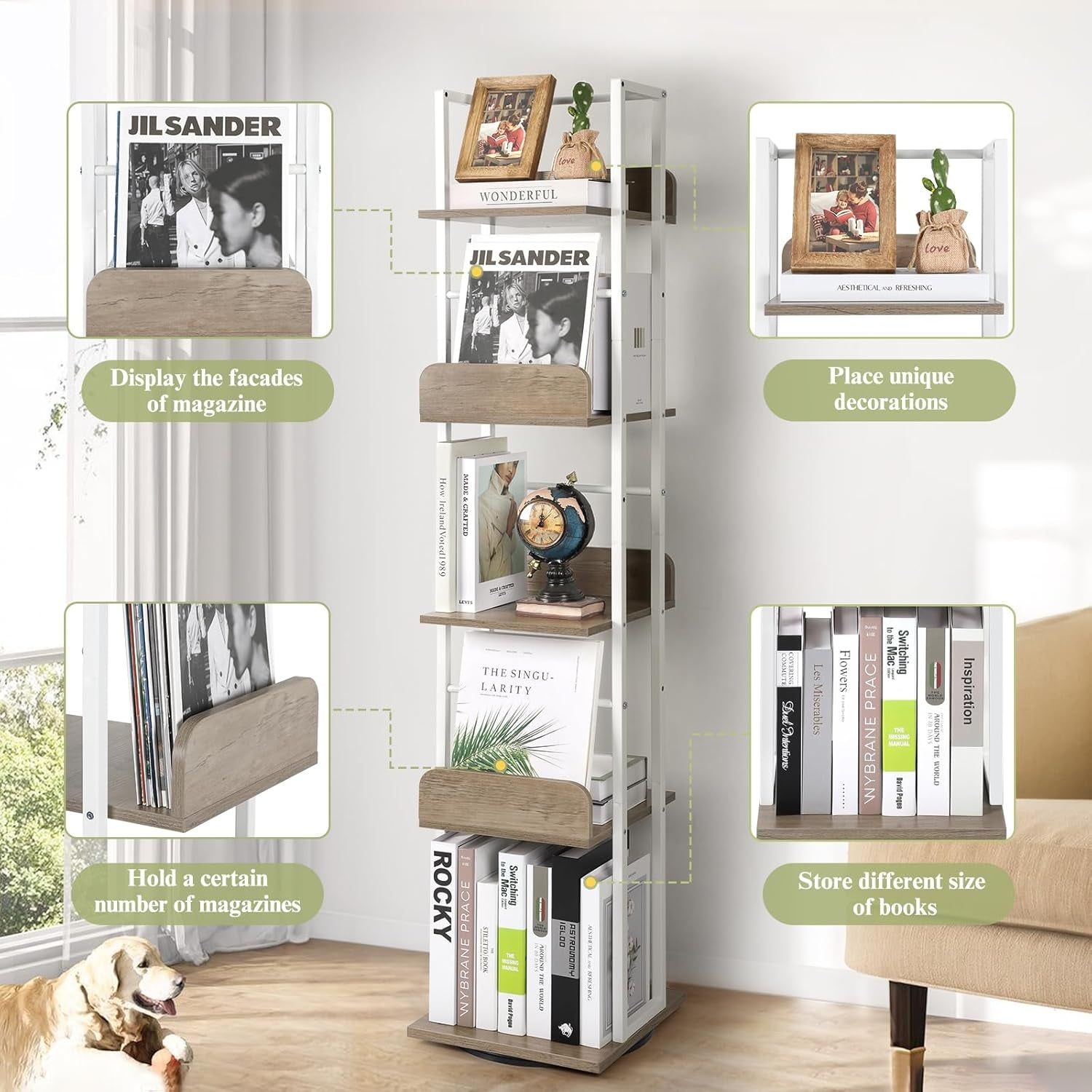 5-Tier Rotating Corner Bookshelf White Wood &amp; Metal