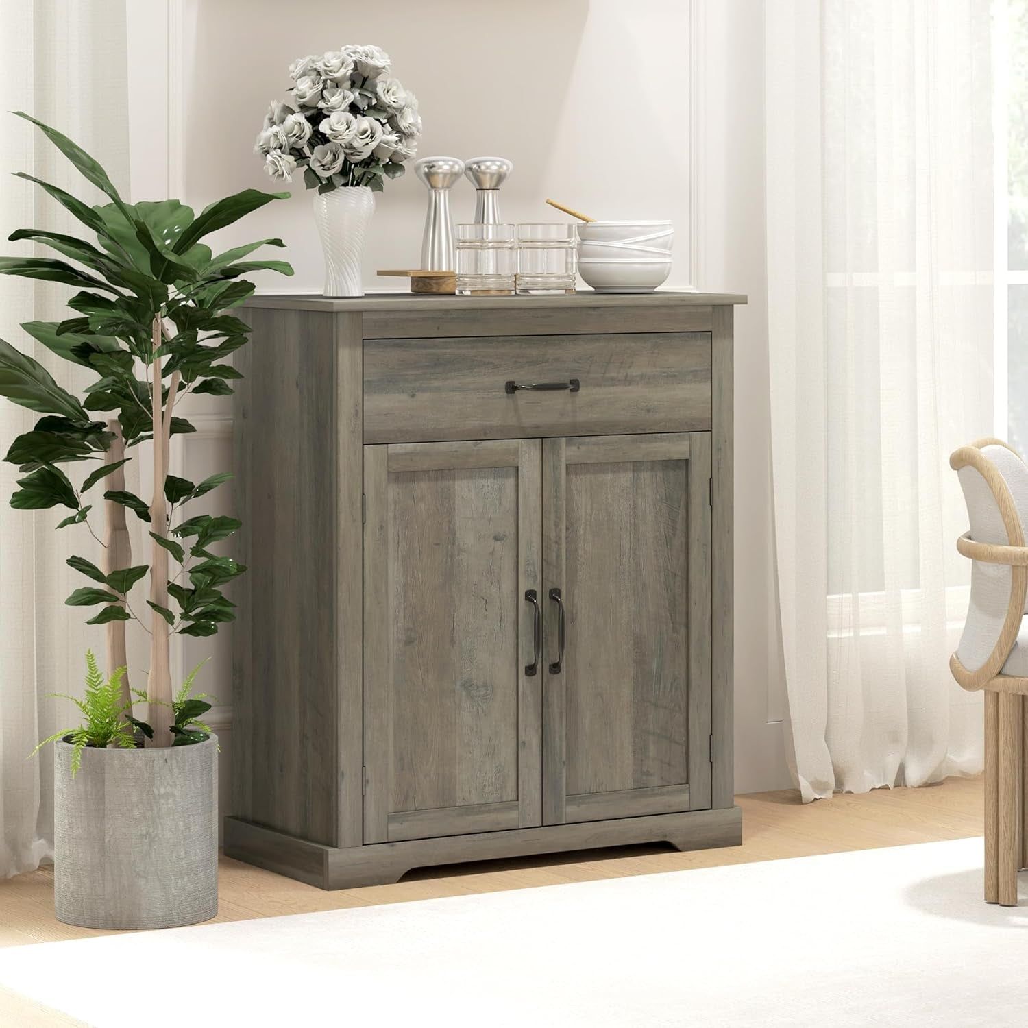 Gray Farmhouse Sideboard Buffet Cabinet with Drawer Shelf