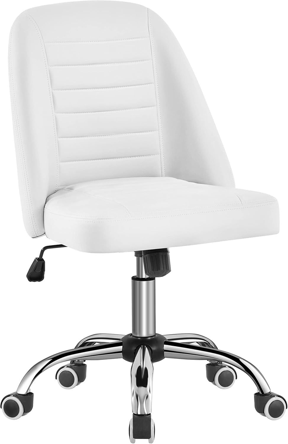 PU Leather Armless Office Chair, Mid Back Desk Chair, Computer Task Chair, Modern Vanity Chair with Rolling Wheels, Metal Base White