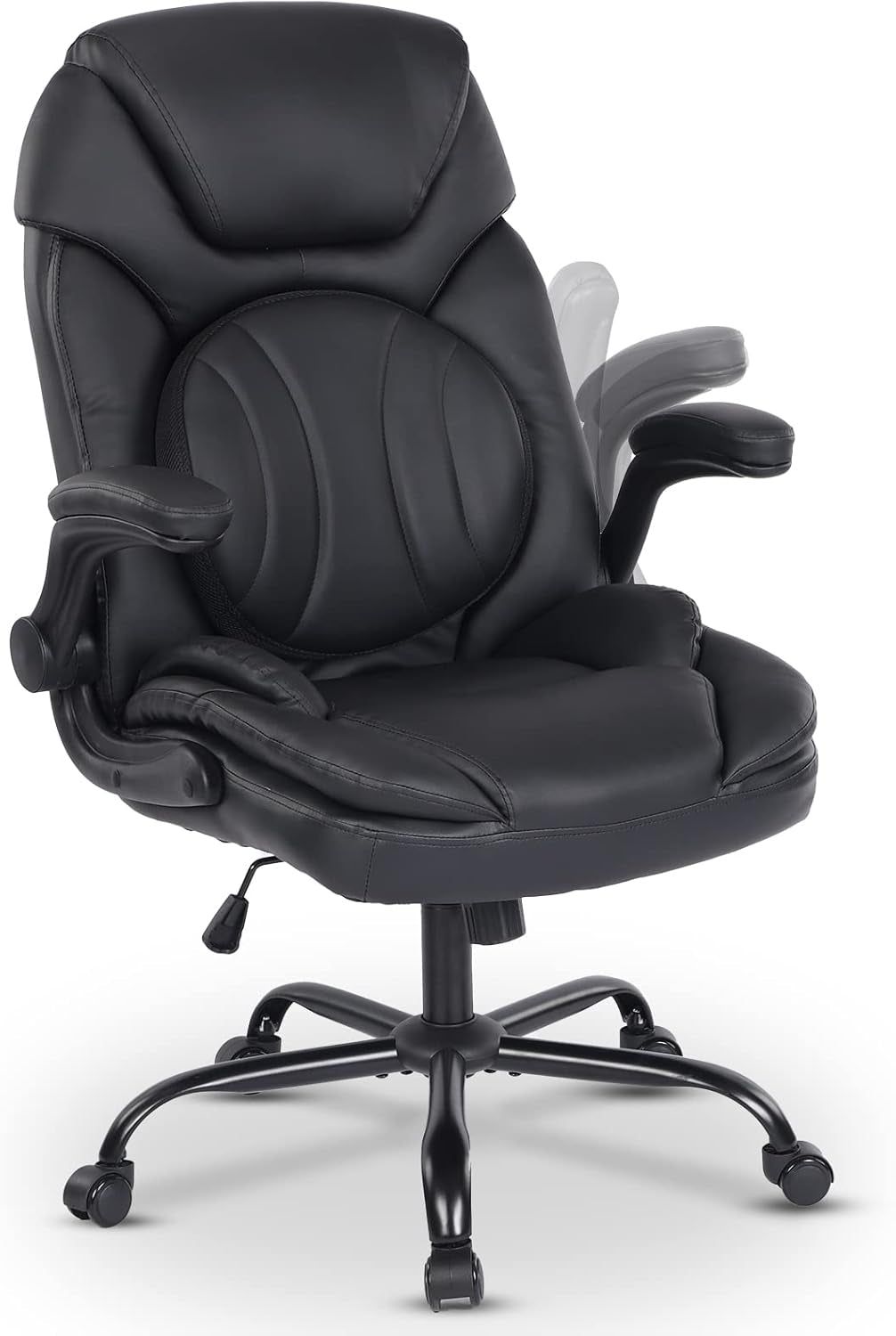 Ergonomic Executive Office Chairs with Lumbar Support, PU Leather Home Office Desk Chairs with Wheels and Flip up Arms, 90-120° Rocking Managerial Executive Chair (Black),Medium(300Lbs)