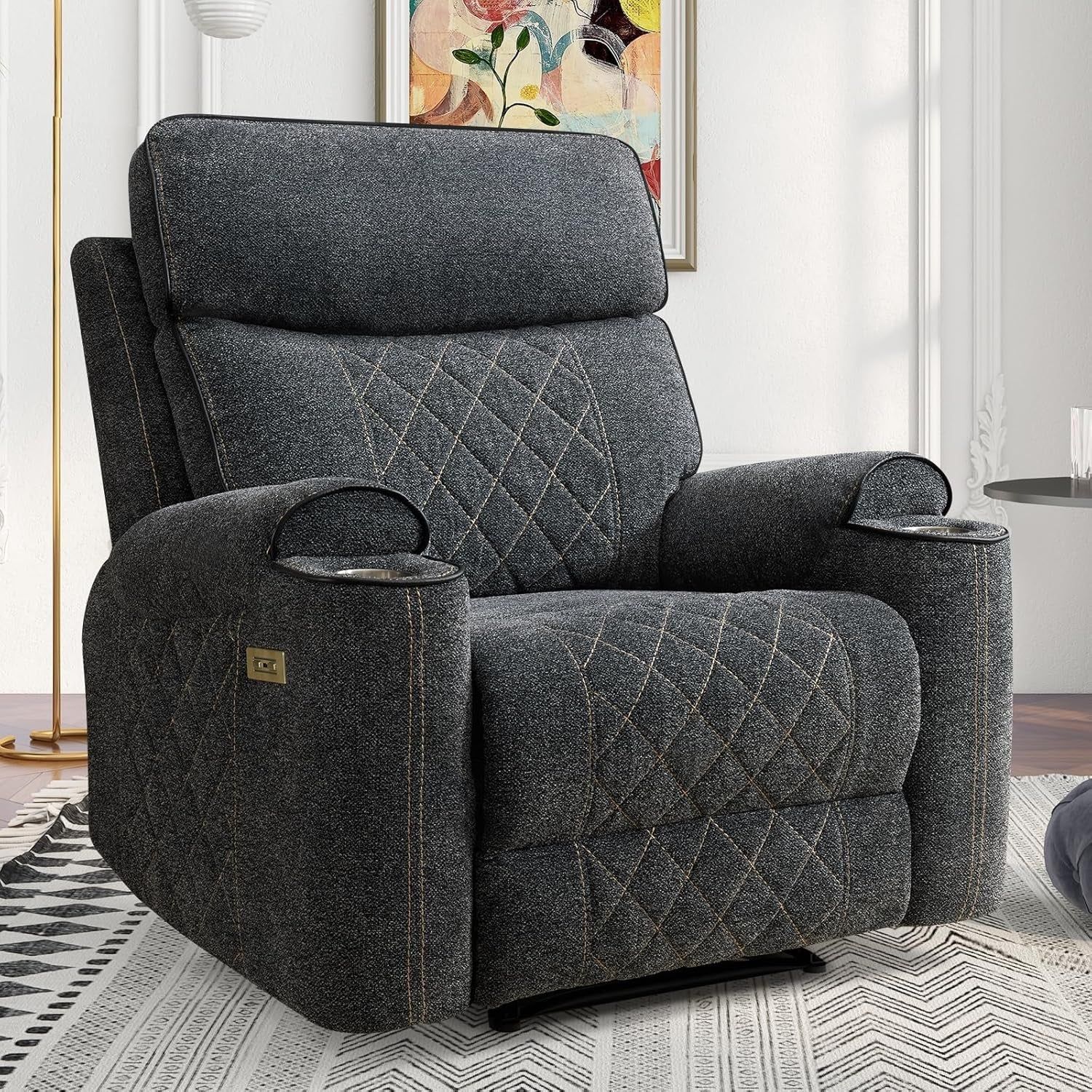 Electric Recliner Chair, Soft Fabric Power Recliners with Metal Cup Holders, Single Overstuffed Heavy Duty Reclining Sofa Chairs for Living Room Bedroom