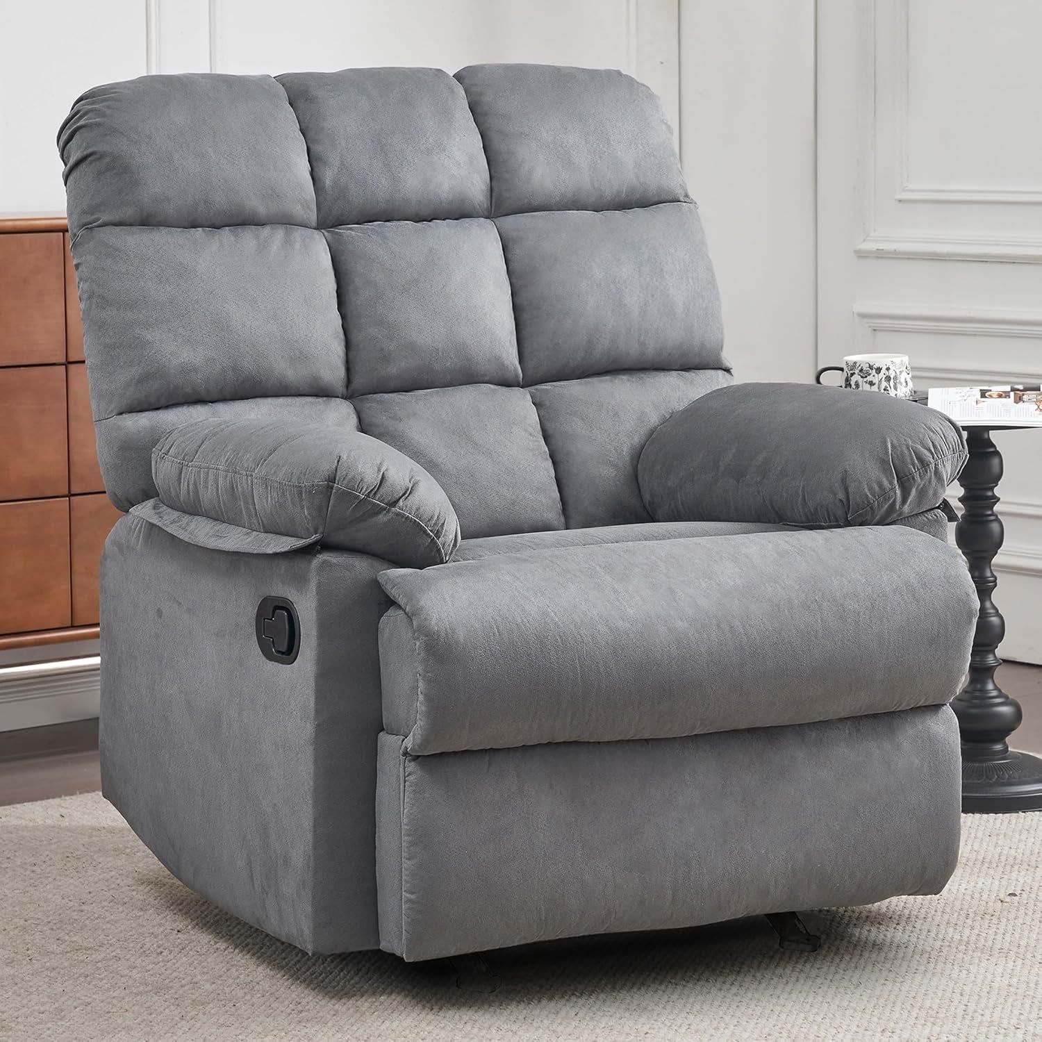 Rocker Recliner Chair, Overstuffed Large Manual Rocking Recliner for Adults, Upholstered Comfy Soft Fabric Living Room Reclining Sofa Chair(Gray)