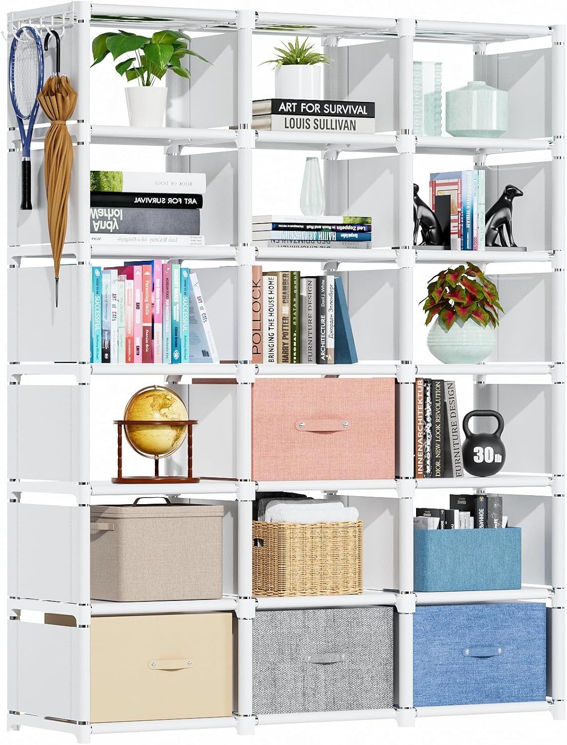 Book Shelf, 18 Cube Storage Organizer, DIY Bookcase, Metal Cube Bookshelf, Tall Book Case for Bedroom, Living Room, Office, Closet Storage Organizer, Black Cubicle Storage Rack-White