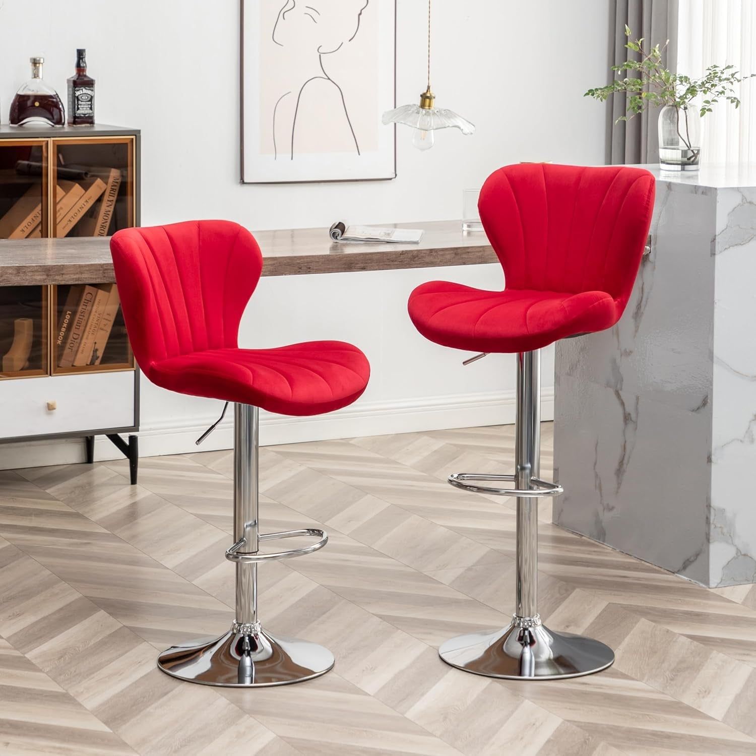 Ellston Velvet Adjustable Swivel Barstools in Red, Set of 2