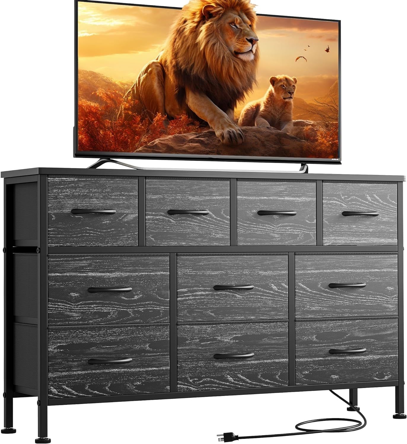 Dresser for Bedroom 10 Drawer Dresser TV Stand with Power Outlet, Entertainment Center Chest of Drawers for 55 Inch TV, Black Fabric Dresser for Bedroom Living Room Hallway Closets