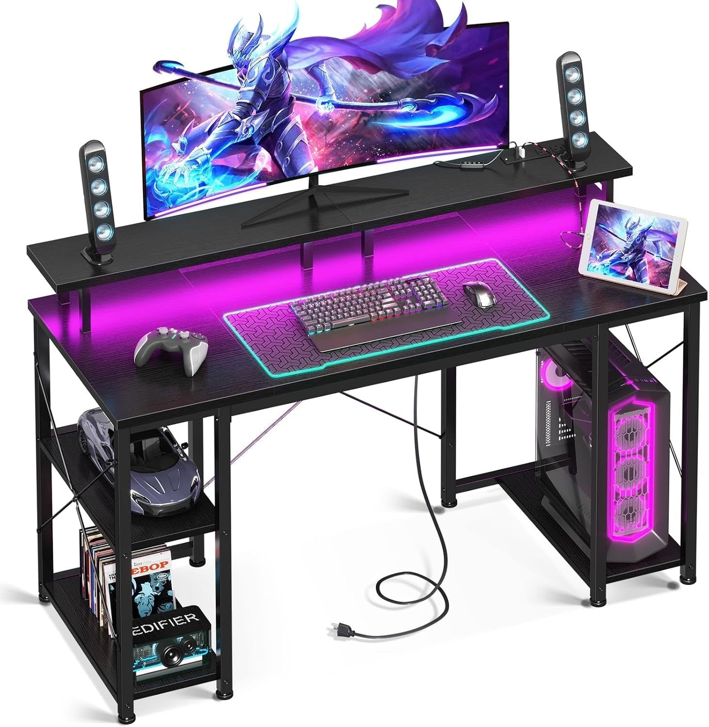 48 Inch Gaming Desk with LED Lights &amp; Power Outlets, Computer Desk with Monitor Stand &amp; Storage Sheves, CPU Stand, Home Office Desk, Black