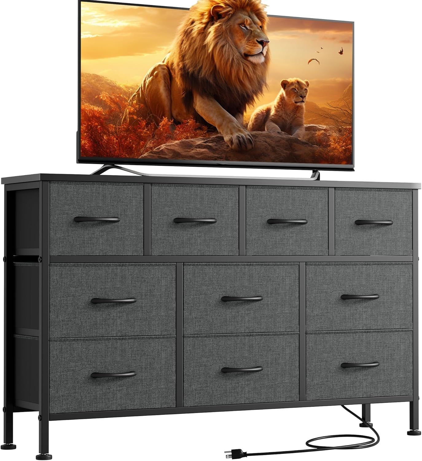 Dresser for Bedroom 10 Drawer Bedroom TV Stand with Power Outlet, Entertainment Center Chest of Drawers, Long Fabric Dresser for Living Room save Space Grey