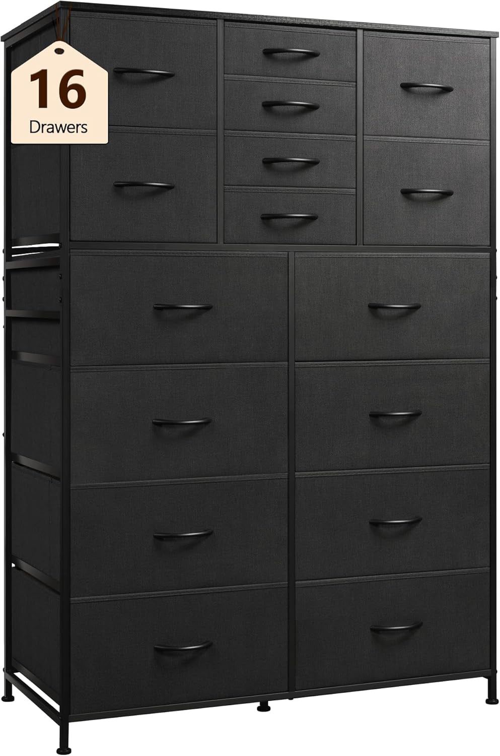 Tall Dresser for Bedroom, Fabric Dresser Storage Tower with 16 Drawers, Chest of Drawers Organizer Unit, Storage Cabinet, Hallway, Closets, Steel Frame, Charcoal Black