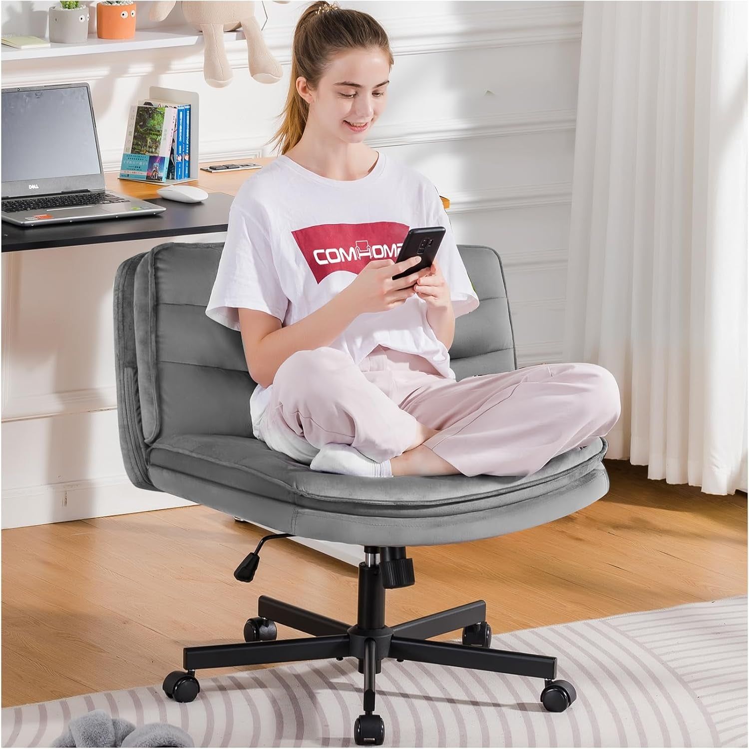 Criss Cross Chair with Wheels, Armless Wide Cross Legged Office Chair Mid Back, Modern Home Office Desk Chair Swivel Adjustable Vanity Computer Chair, Gray Velvet