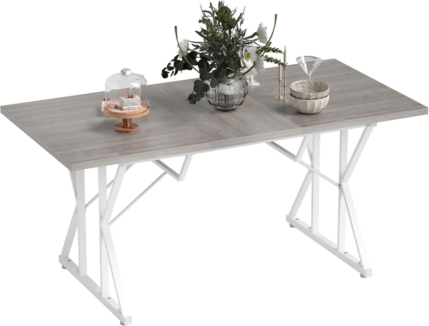 63&quot;-47&quot; Expandable Dining Table for 4-6 People, Farmhouse Extendable Dining Room Table with Heavy Duty Metal Trestle Base, Rectangle Kitchen Table, Distressed Gray