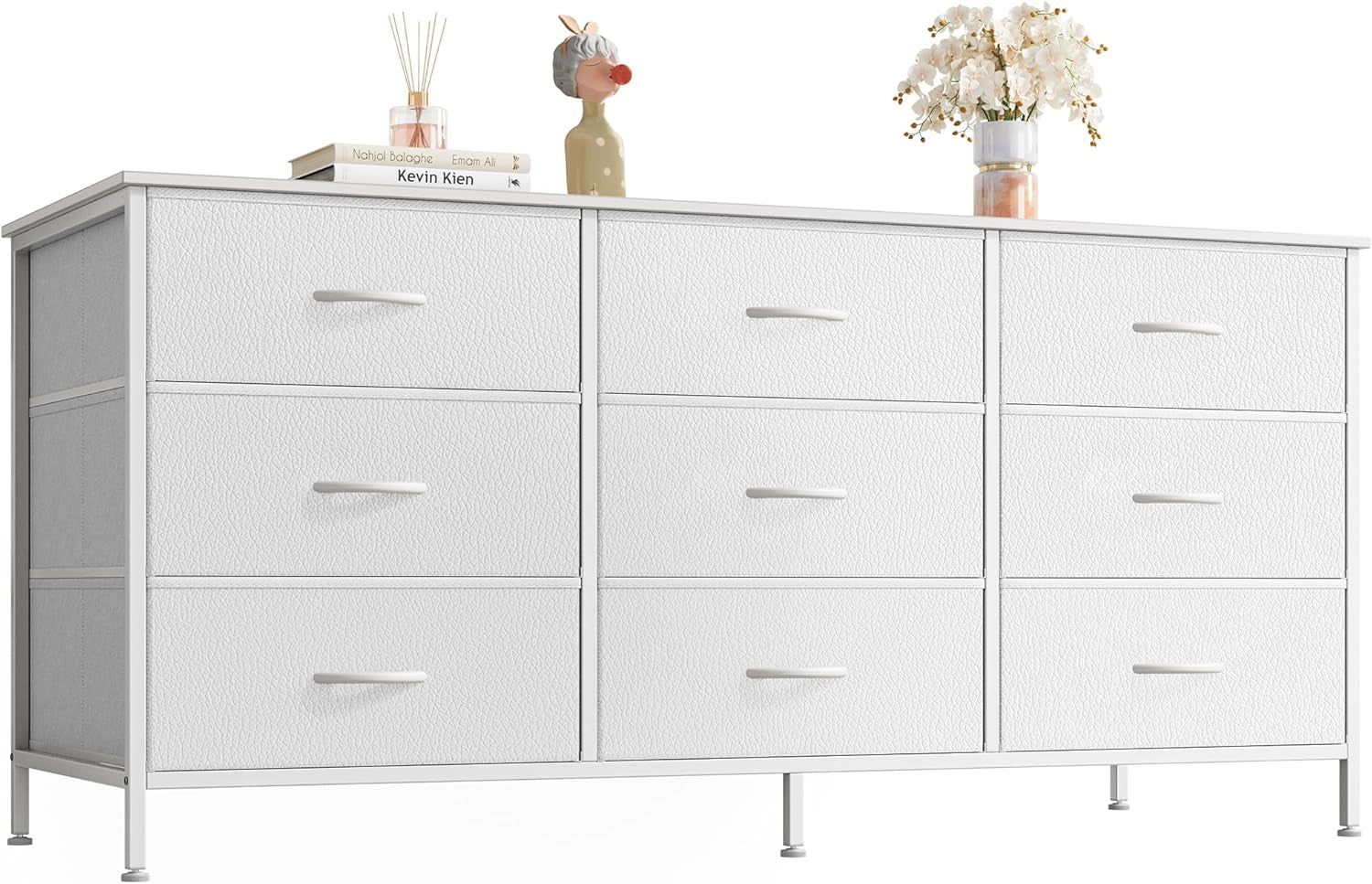 9 Drawer Dresser, 47 Inch Dresser TV Stand for 50, 55 Inch TV, Entertainment Center with Drawers, Fabric Dresser Chest of Drawer for Bedroom, Closet, PU Leather Surface, White