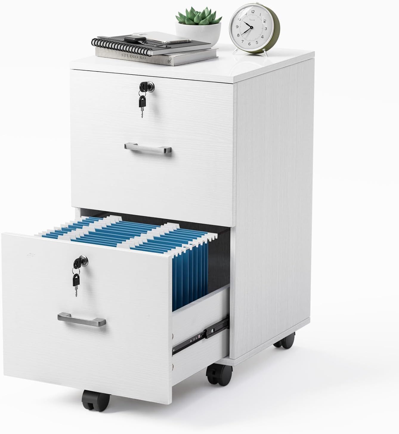 2 Drawer File Cabinet with Lock, Wood Grain White File Cabinet for Letter Size File Folders with Tabs, Mobile under Desk File Cabinets for Home Office, Rolling Filing Cabinet Printer Stand