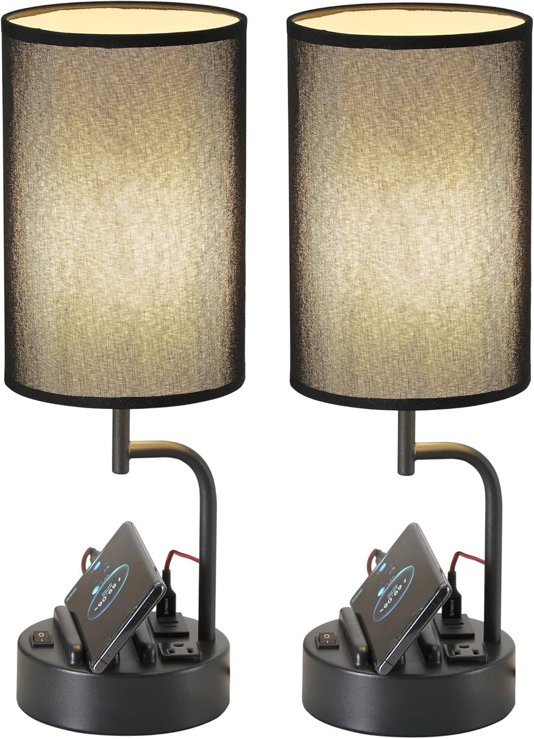 Table Lamp with 3 USB Charging Ports, Modern Desk Lamp with AC Outlet and Phone Stands, Perfect Bedside Lamp for Bedroom, Living Room, Office (Pack of 2), Black