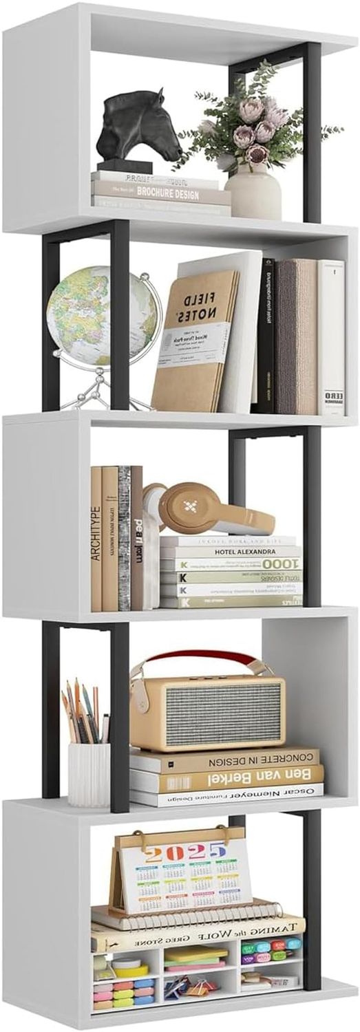 5-Tier Bookshelf, Narrow S-Shaped Geometric Bookcase, Wood Decorative Storage Shelving, Modern Freestanding Display Shelves, Book Shelf Unit for Living Room Bedroom Home Office, White
