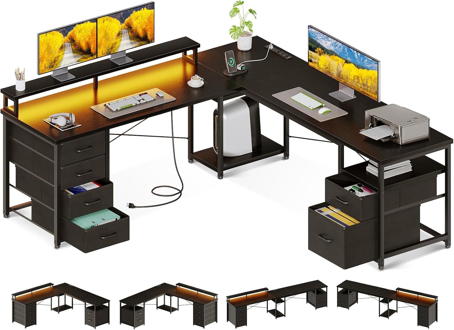 66&quot; L Shaped Computer Desk, 113“ Reversible Home Office Desk with File Cabinet &amp; 4 Fabric Drawers, Two Person Desk with LED Lights &amp; Power Outlet, Corner Gaming Desk with Monitor Shelf, Black