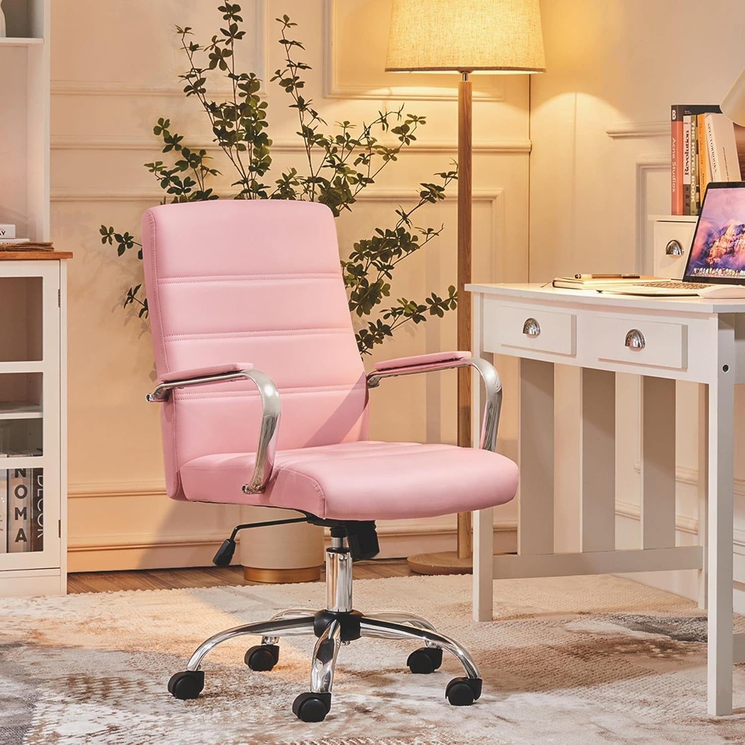 Mid-Back Office Chair with Arms 360� Swivel PU Leather Height Adjustable Office Executive Chair, Pink