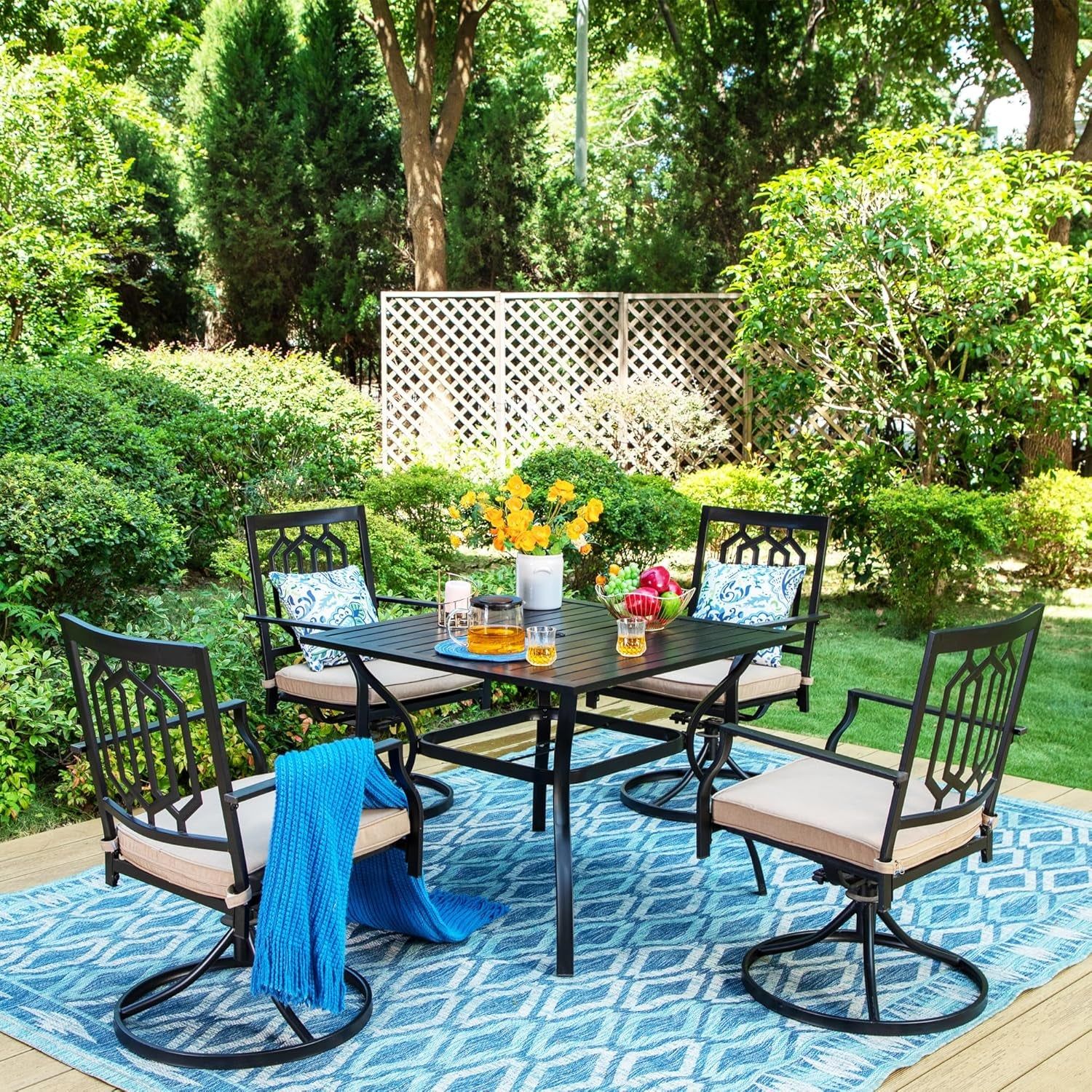 Patio Dining Set 5 Pieces Patio Table and Chairs, 37&quot; Patio Dining Table X 4 Patio Swivel Dining Chairs with Cushion Outdoor Furniture Set for Backyard Lawn Pool Weather Resistant