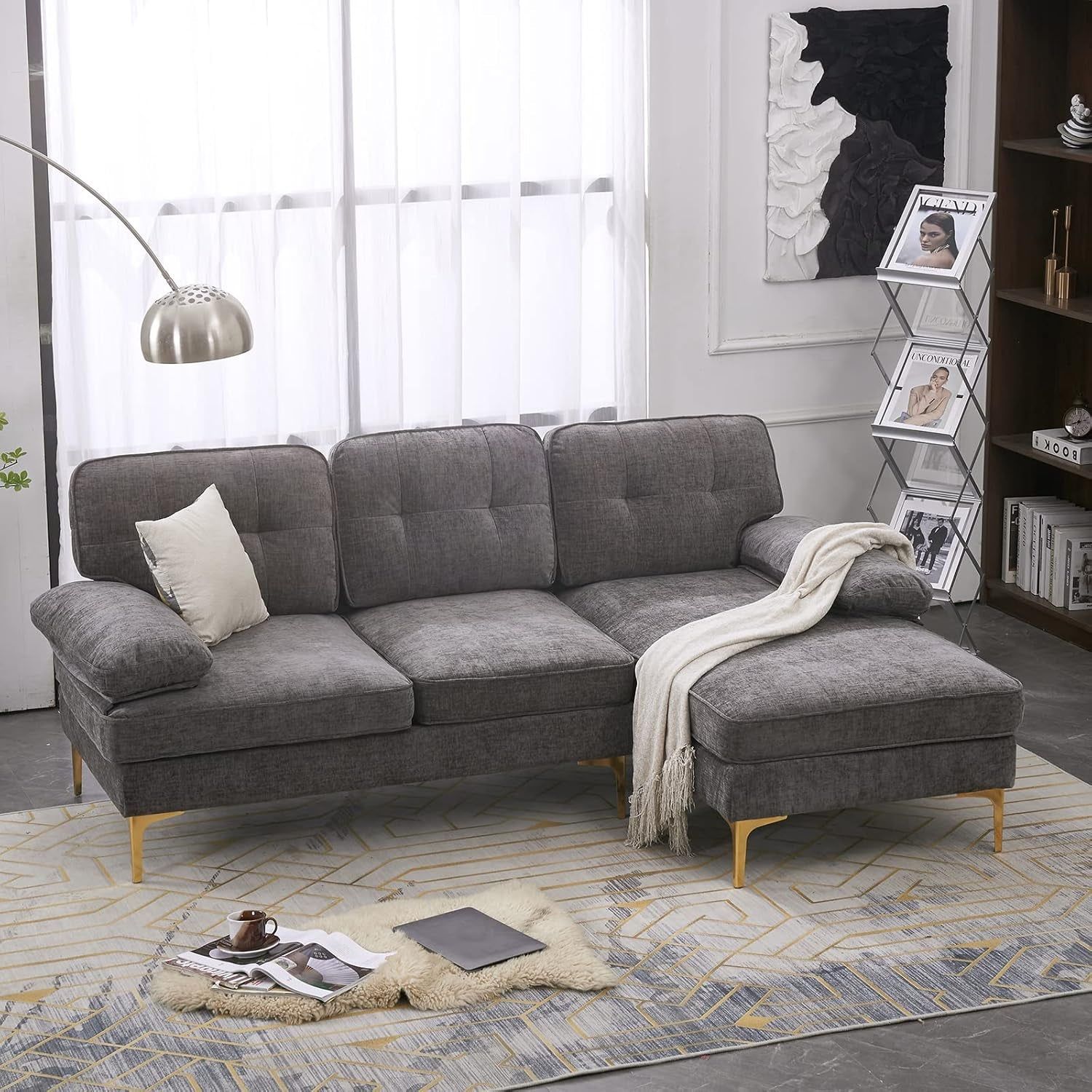 Sectional Sofa 83&quot; L-Shape Sofa Couch 3-Seat Couch with Chaise Chenillefabric Upholstered for Living Room, Apartment, Office, Dark Gray