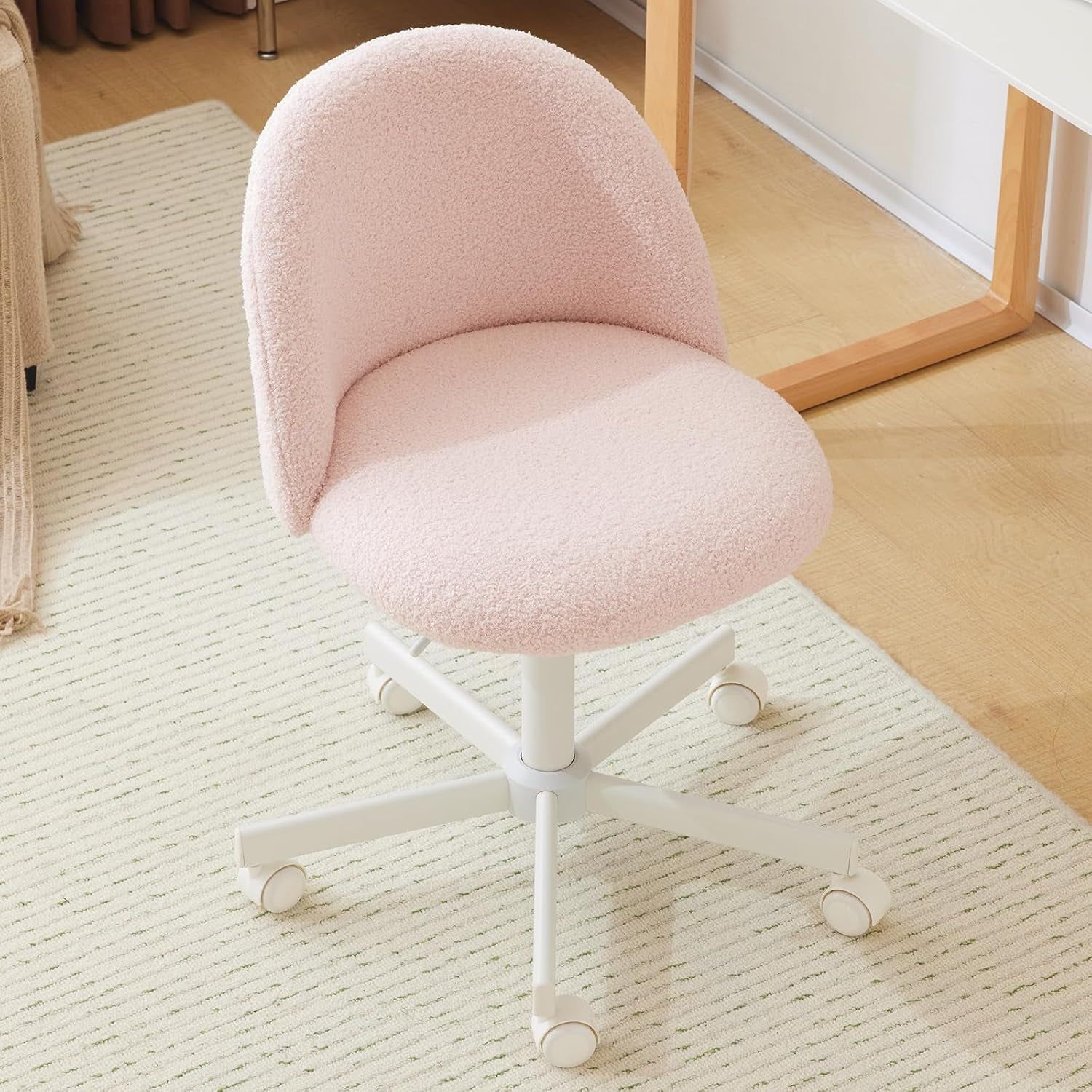 Candy Chair Armless Cute Desk Chair,Comfy Small Office Chair with Wheels,Vanity Chair with Lumbar Support,Teddy Adjustable Rolling Swivel Computer Task Chair for Home Office,Bedroom,Gentle Pink