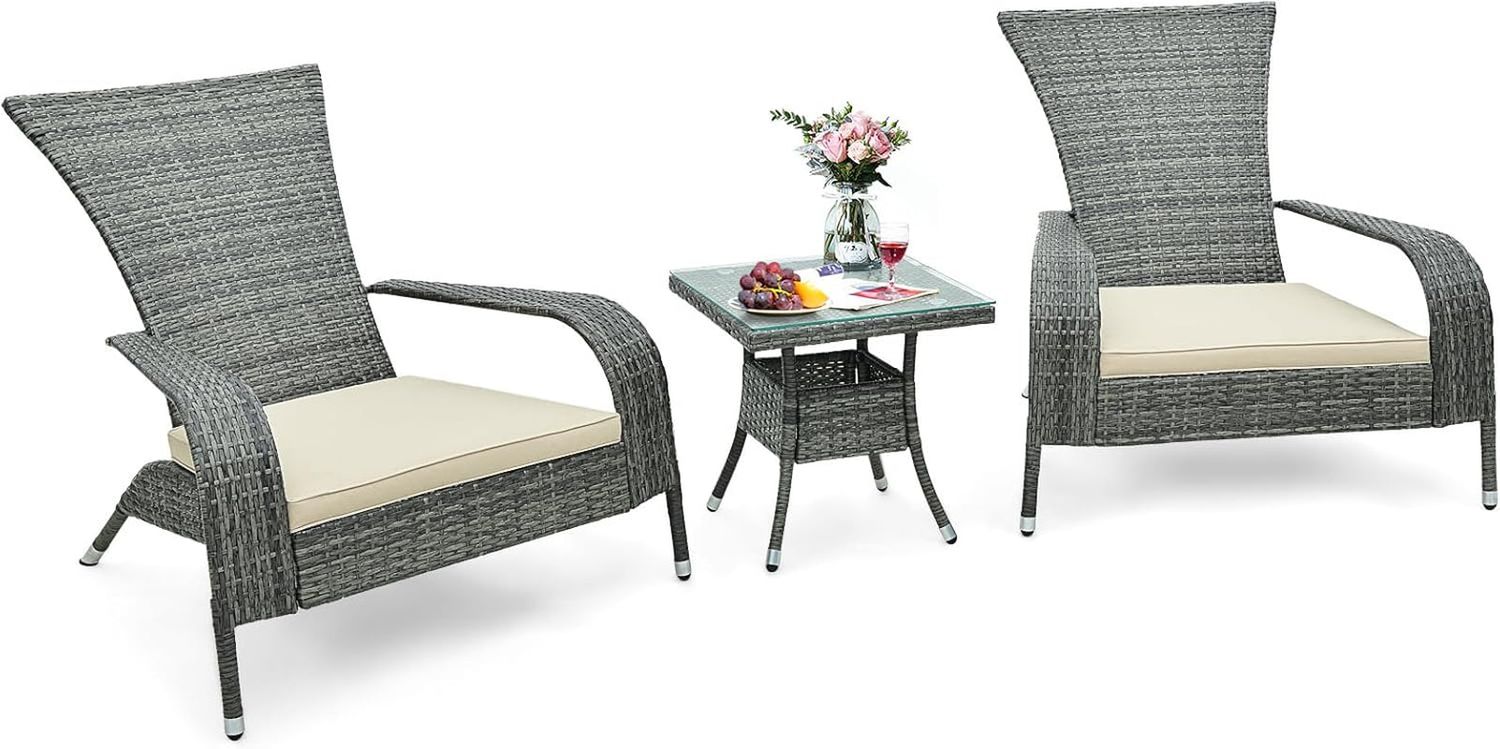 3-Piece Wicker Adirondack Set, Ergonomic Oversized Rattan Chairs W/Coffee Table, Comfy Seat Cushions, Tempered Glass Tabletop, Patio Wicker Conversation Set for Porch (Wicker, 3-Pc)
