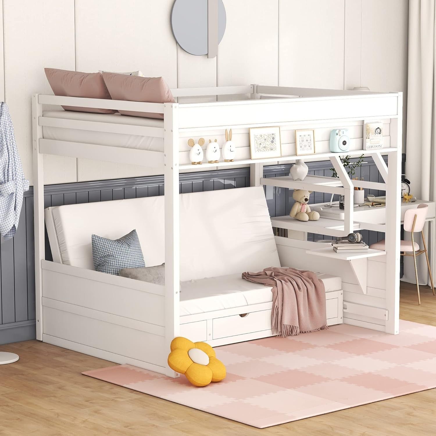 Full over Full/Futon Bunk Beds with Stairs and 3 Drawers, Built-In Shelf, Bottom Bed Can Be Converted into Daybed, Solid Wood Bunk Bed Frame (White)