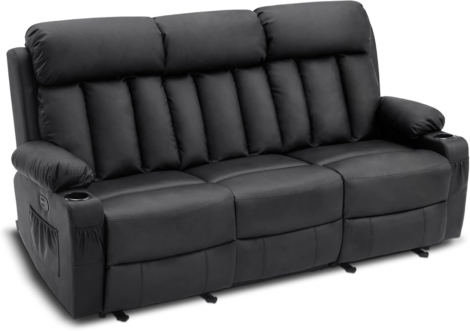 Power Reclining Sofa with Heat and Vibration,Usb Ports, Cup Holders,3-Seat Dual Recliner Sofa for Living Room 6077(Black, Reclining Sofa)