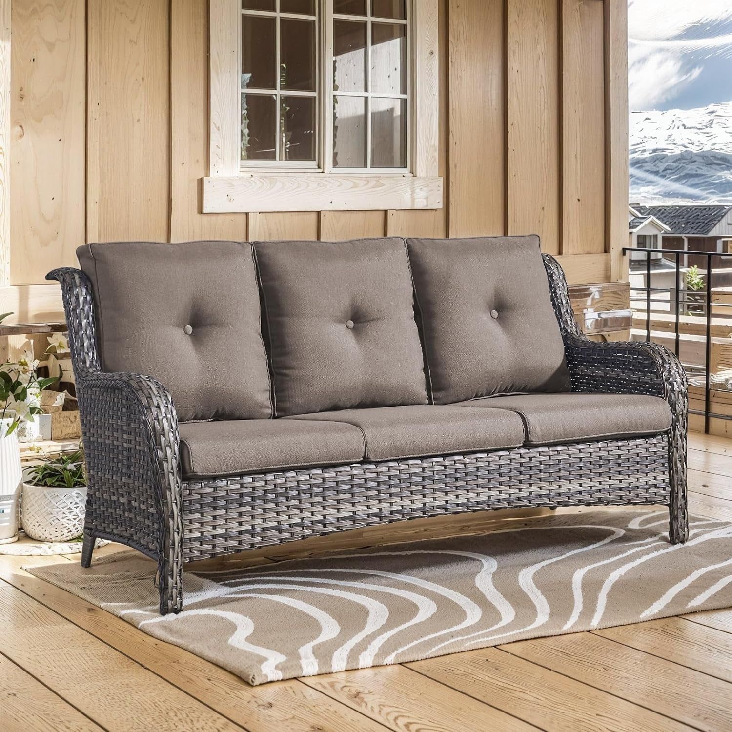 Outdoor Furniture 3-Seater Rattan Sofa Patio Wicker Sofa Couch Furniture Set with Washable Cushions